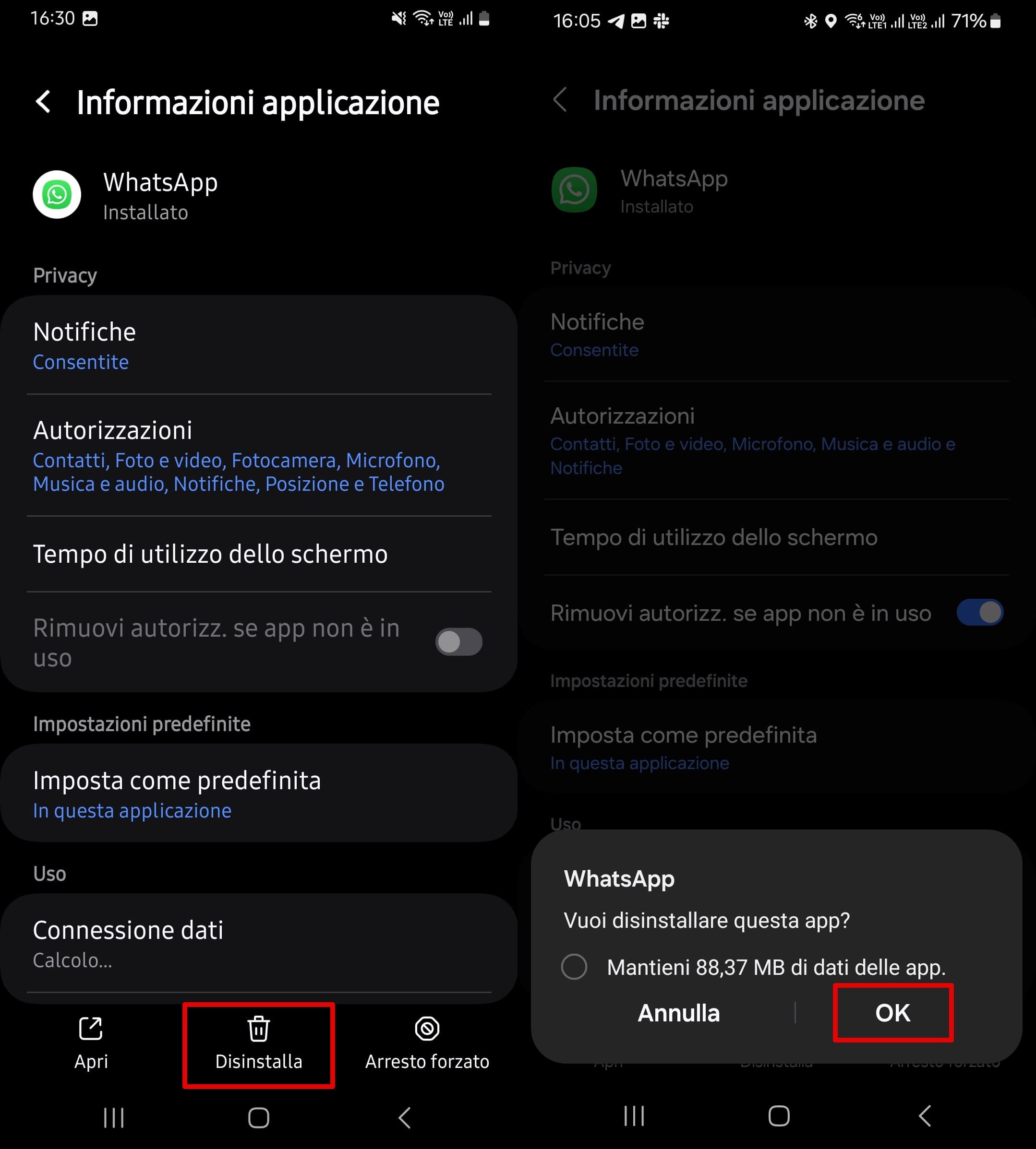 Fai clic su Disinstalla in fondo alla pagina e conferma con OK.