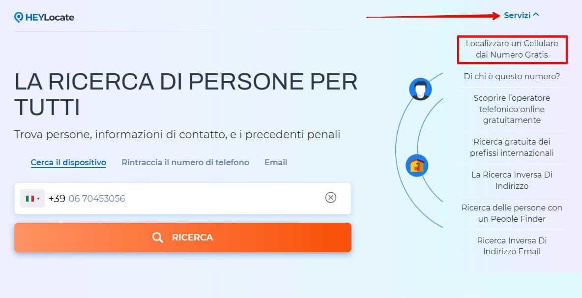 Il campo di ricerca per la ricerca del numero di telefono sulla pagina principale e il menu a discesa Servizi con opzioni per la ricerca del numero, il tracciamento del numero e la ricerca dell'indirizzo.