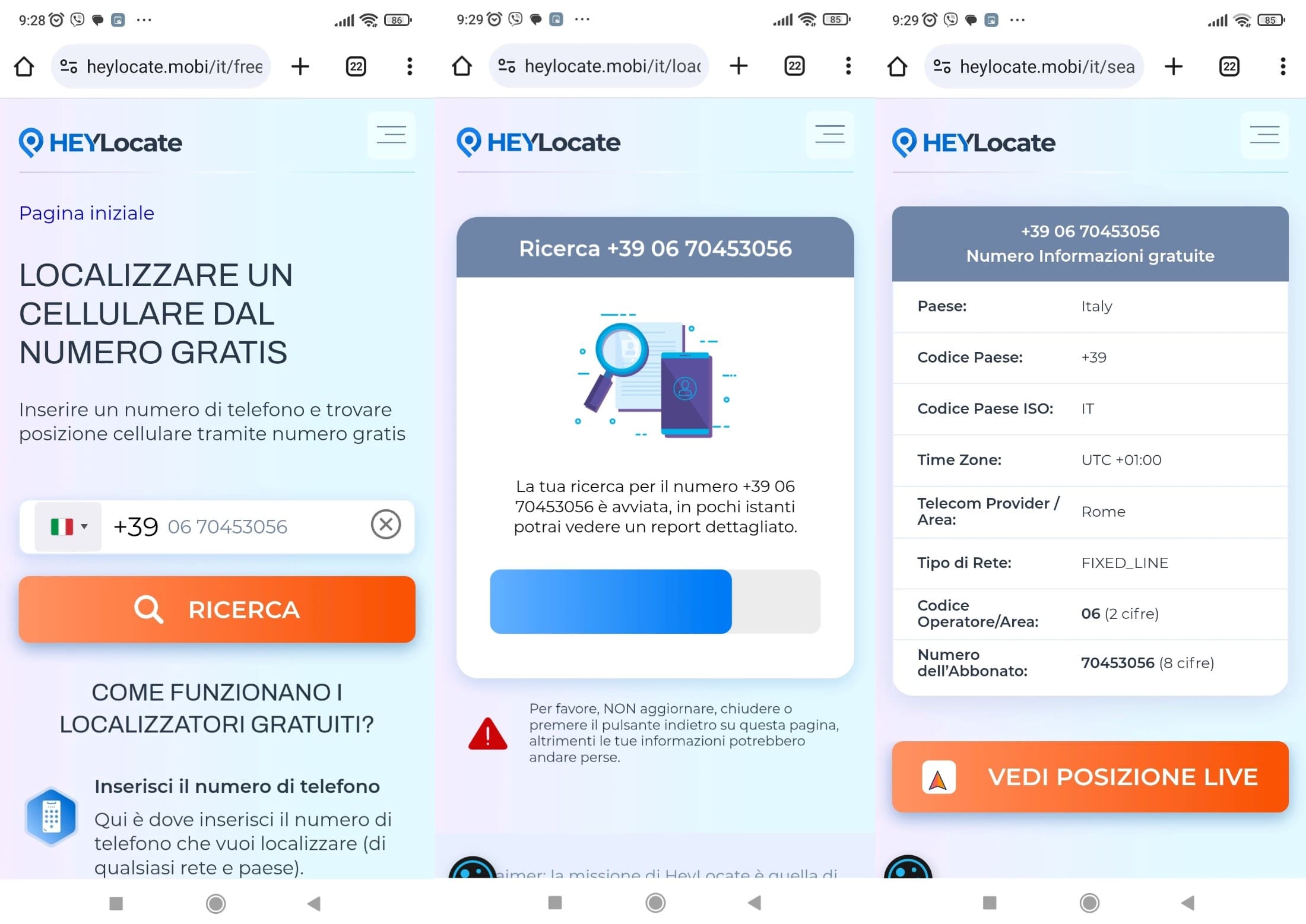 Digita un numero di telefono per cercare la posizione gratuitamente. I risultati della ricerca mostrano il paese, il prefisso, il fuso orario, il fornitore di telecomunicazioni e il tipo di rete.