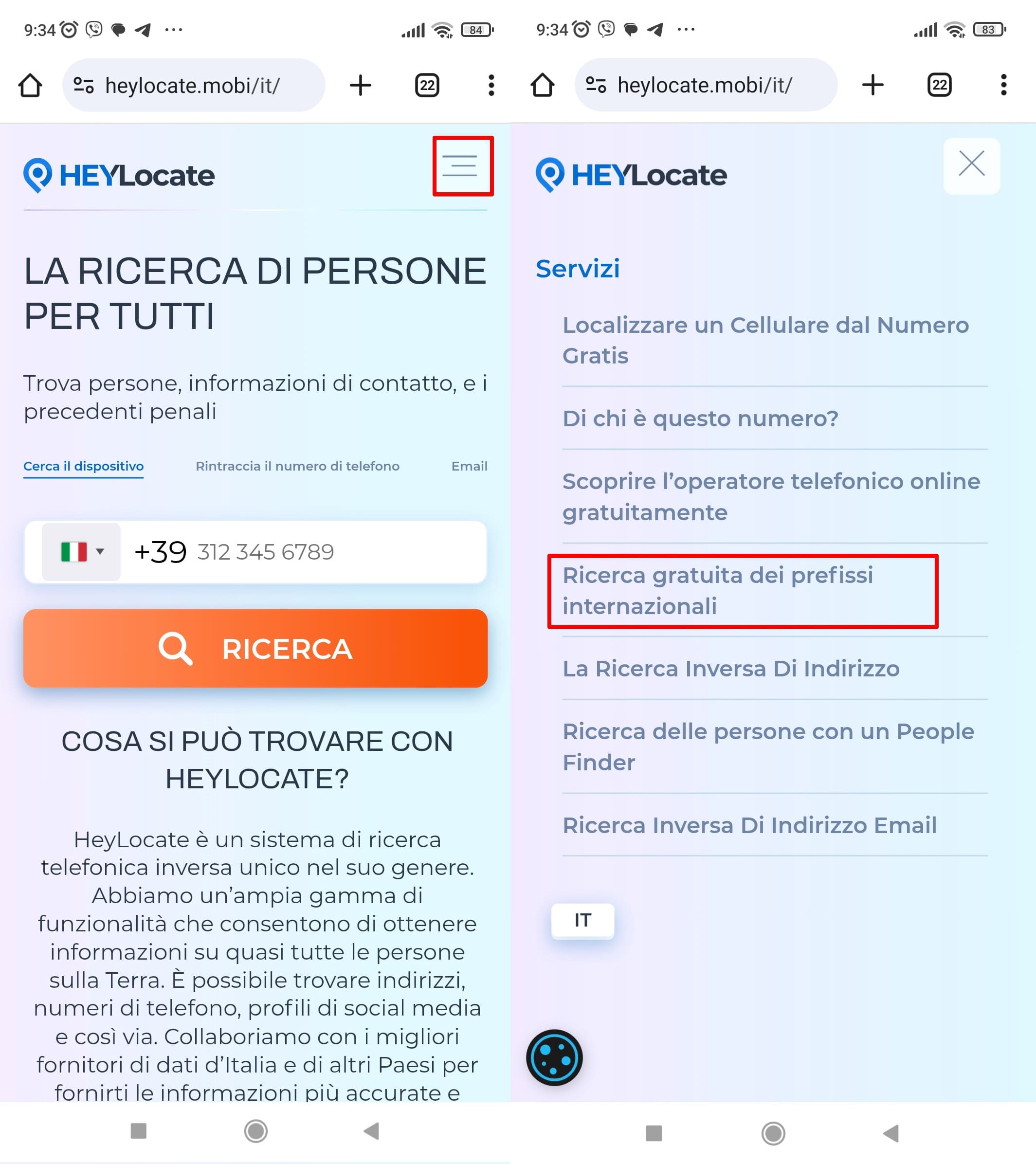 La pagina mostra l'icona del menu principale e il menu espanso con le opzioni di servizio, come la ricerca gratuita del prefisso internazionale.