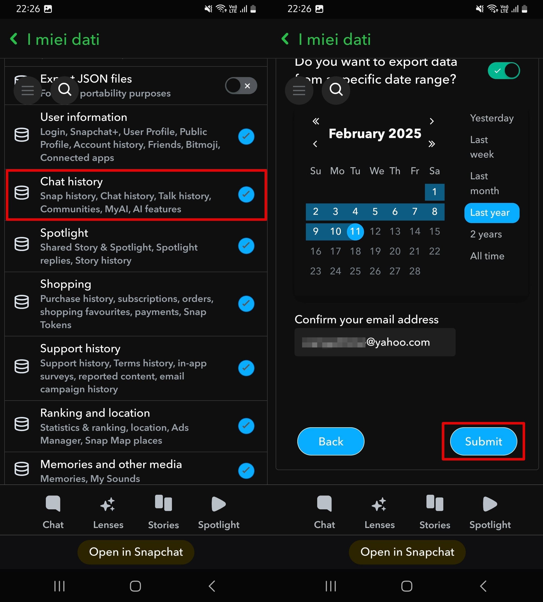 Selezione le date del periodo da includere nel download dei dati.