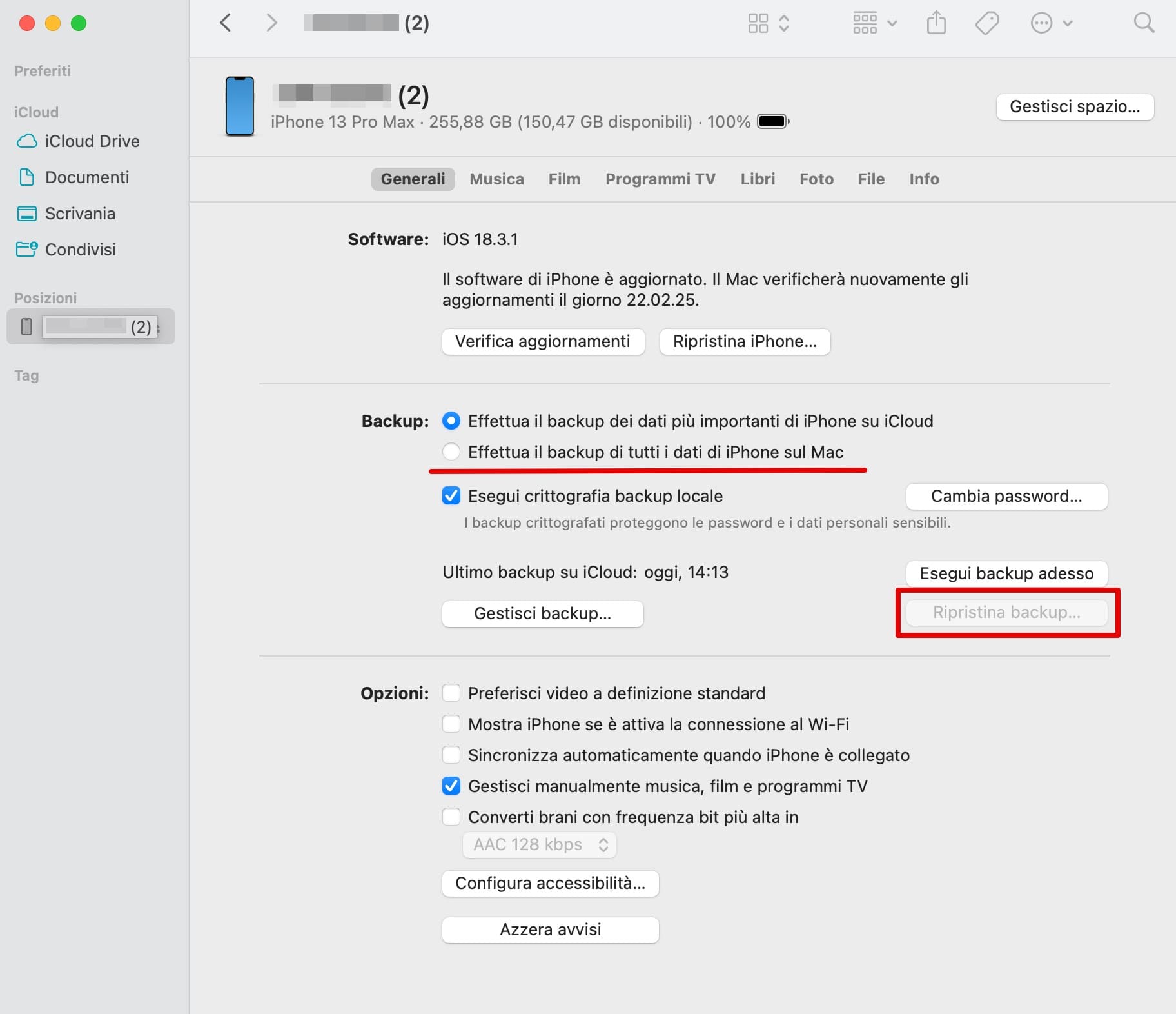 Apri il telefono sul Finder e scegli Ripristina backup.