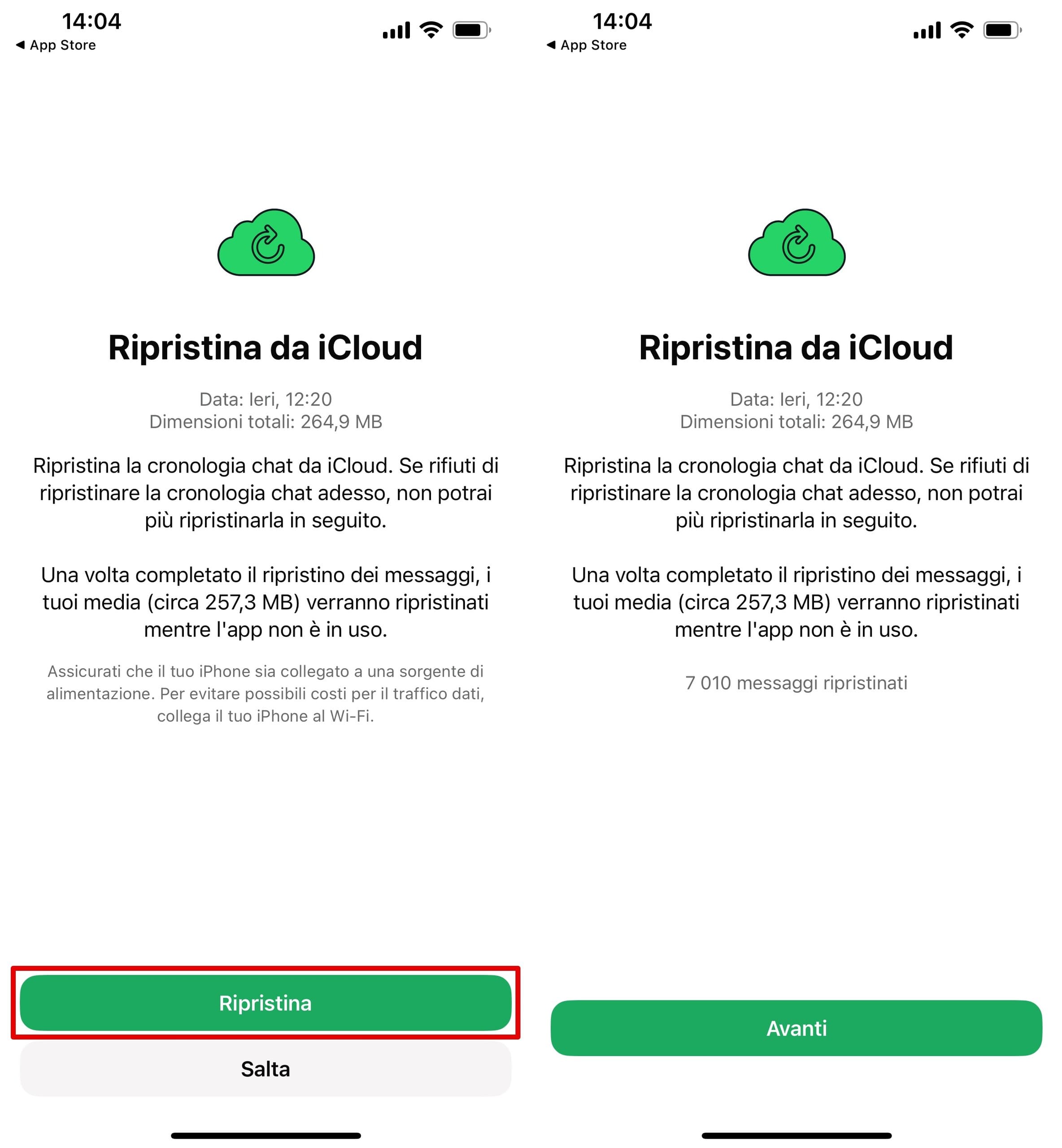 Ripristina la cronologia chat di WhatsApp da iCloud.