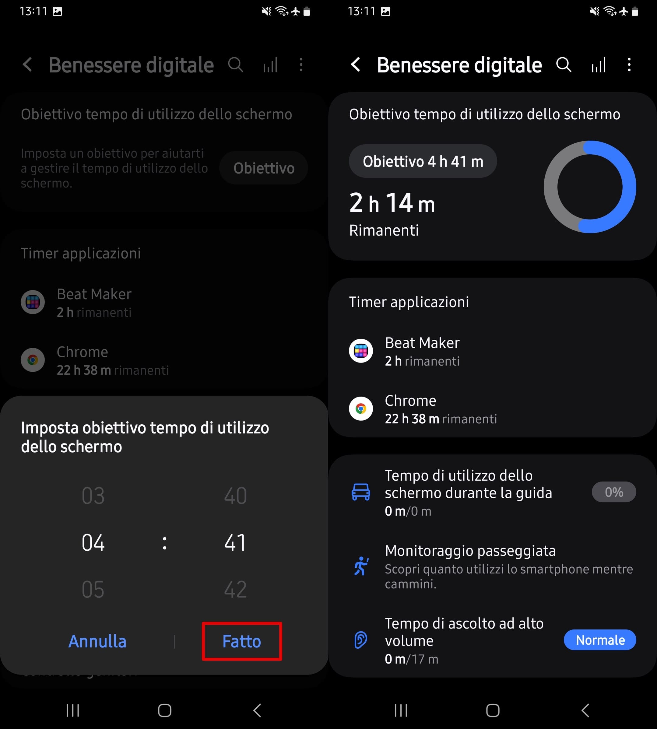 Inserisci l'obiettivo di tempo desiderato per visualizzare il tempo utilizzato e quello rimanente.
