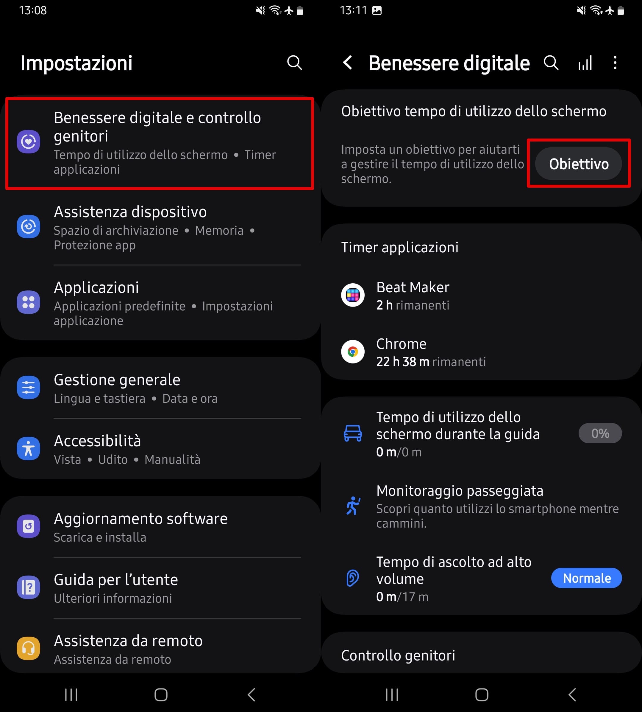 Fai clic su Benessere digitale e controlli genitori in Impostazioni, quindi tocca Imposta obiettivo nel blocco Obiettivo tempo di utilizzo.
