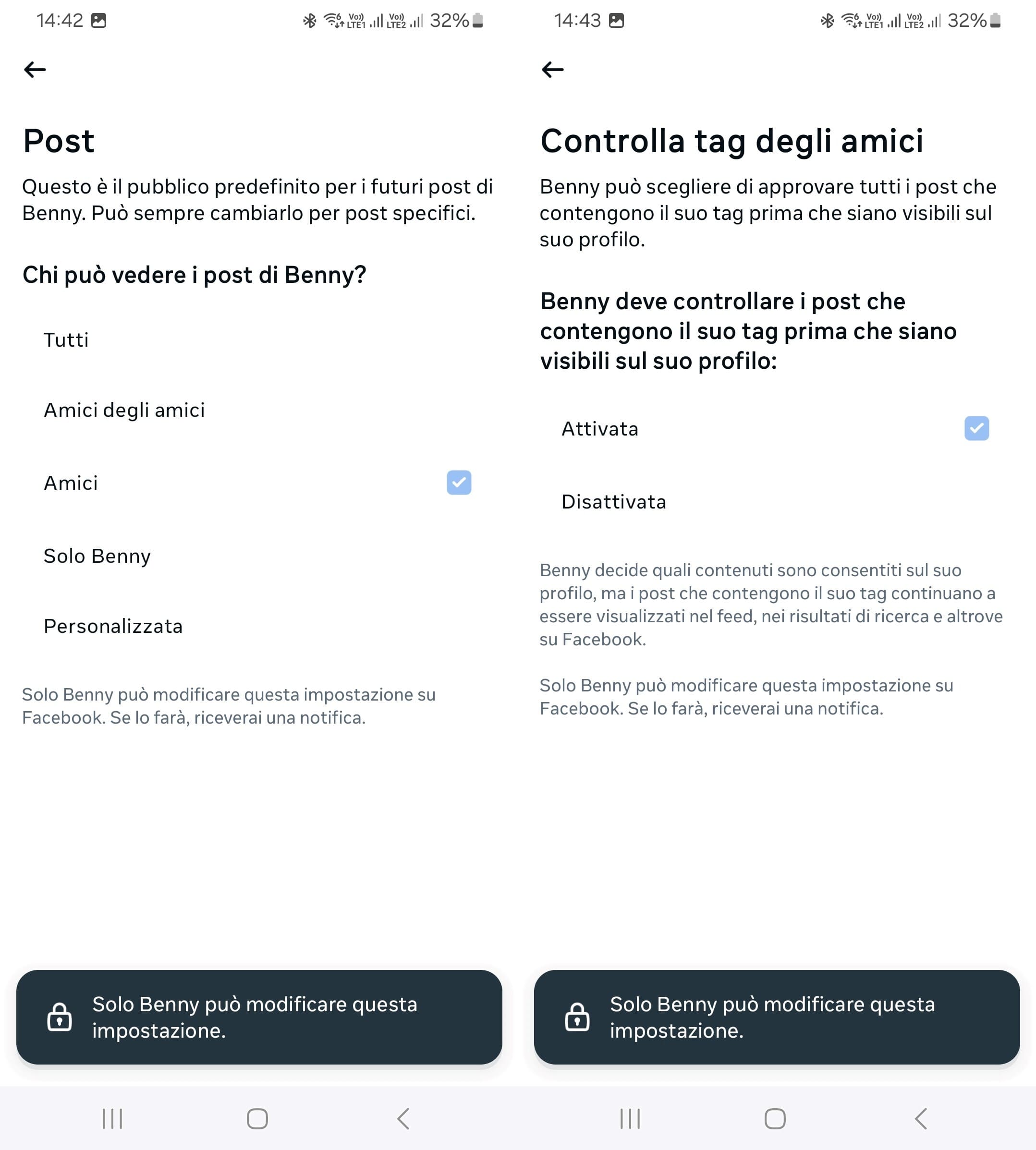 Detailed settings of the profile and audience permissions on a child’s account within the Supervision feature, with the note that only a child can change these settings