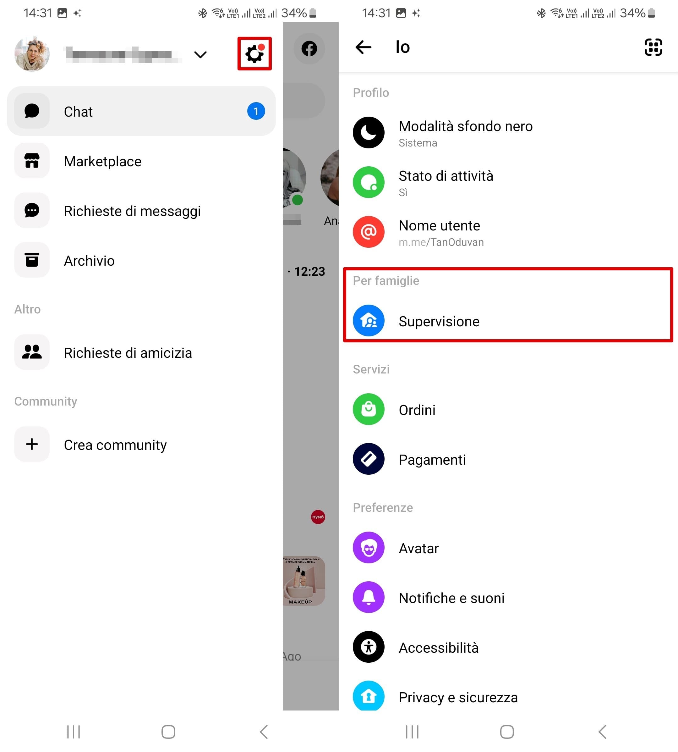 Schermata del menu delle impostazioni di un'applicazione mobile che mostra il profilo di un utente, le opzioni di chat e la funzione di supervisione sotto le impostazioni della famiglia.