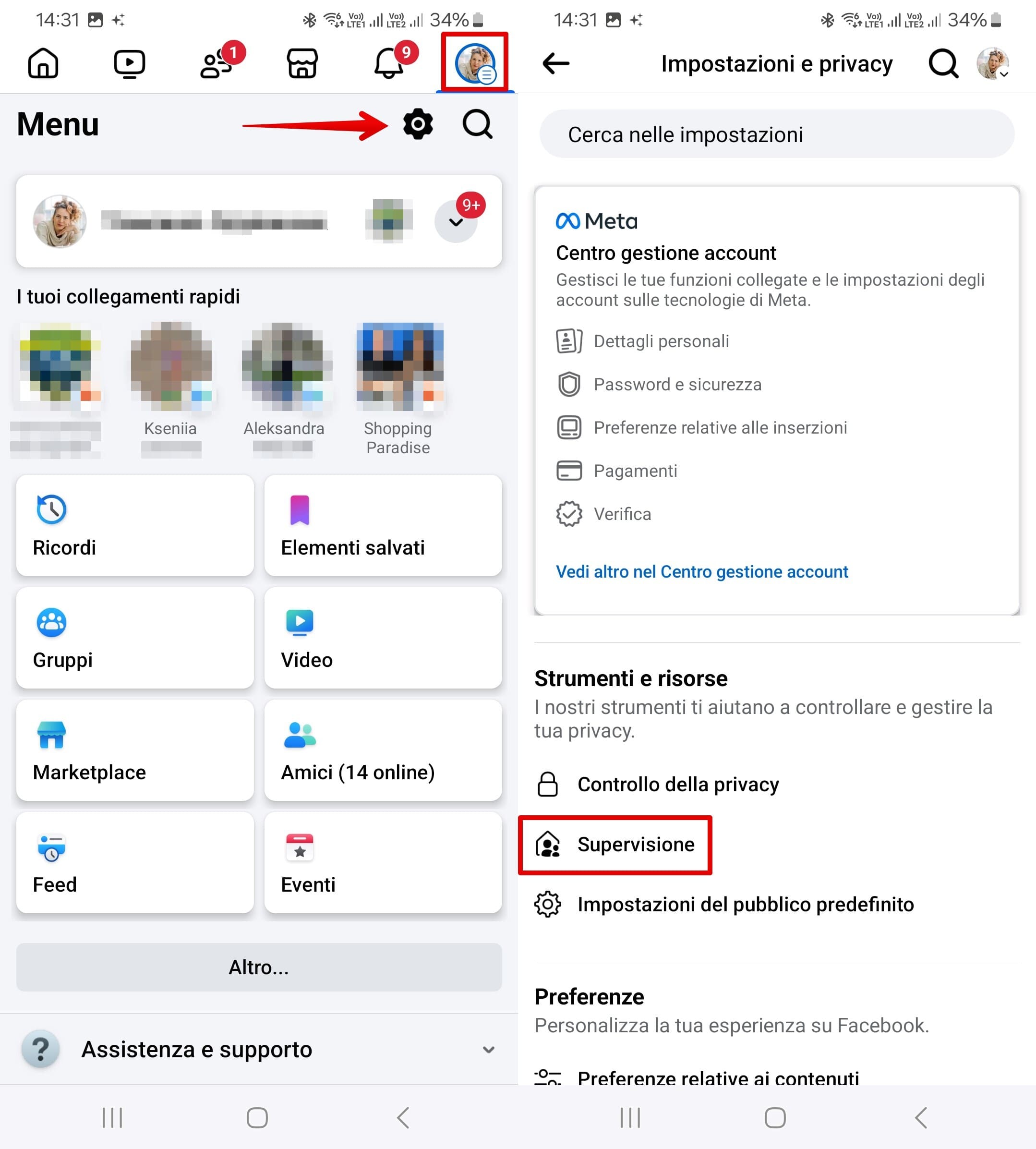Schermata di un menu delle impostazioni di Facebook, che evidenzia la funzione “Supervisione” sotto “Impostazioni e privacy”, con l'icona dell'ingranaggio delle impostazioni e l'immagine del profilo in evidenza.
