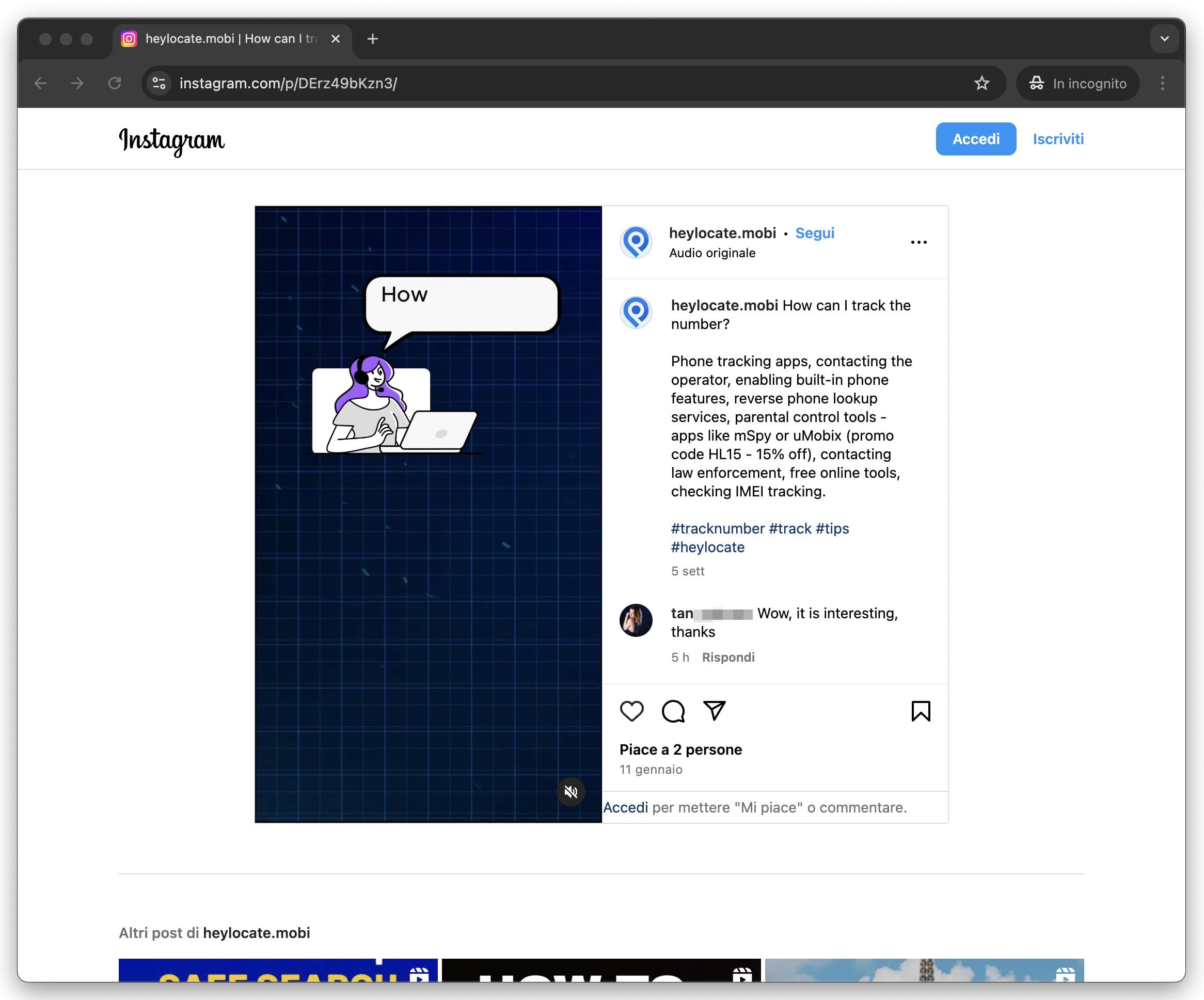Un post aperto su Instagram senza effettuare l'accesso.