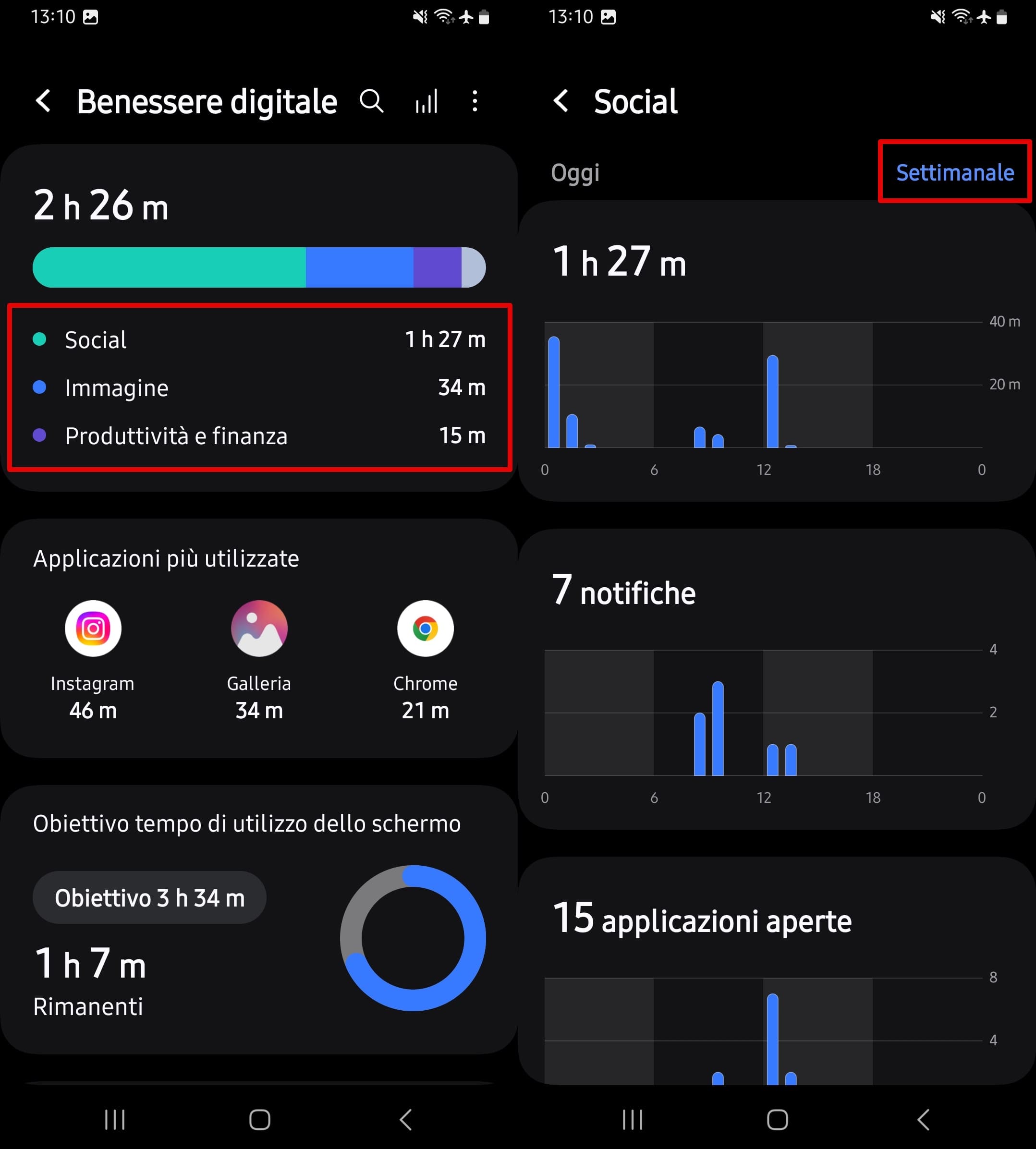Tocca l’opzione social per aprire la sua dashboard e visualizzare il tempo di utilizzo totale, le notifiche e le app aperte delle app social.