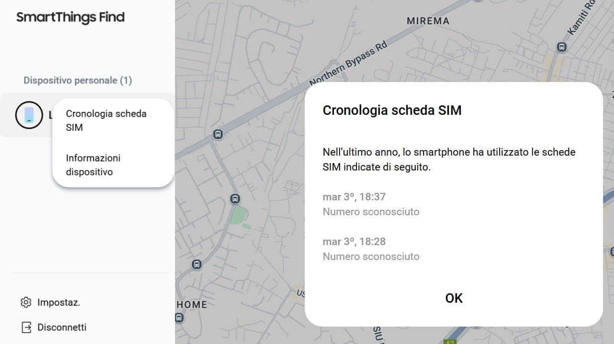 Fai clic sui tre puntini per visualizzare la cronologia della scheda SIM su SmartThings Find.