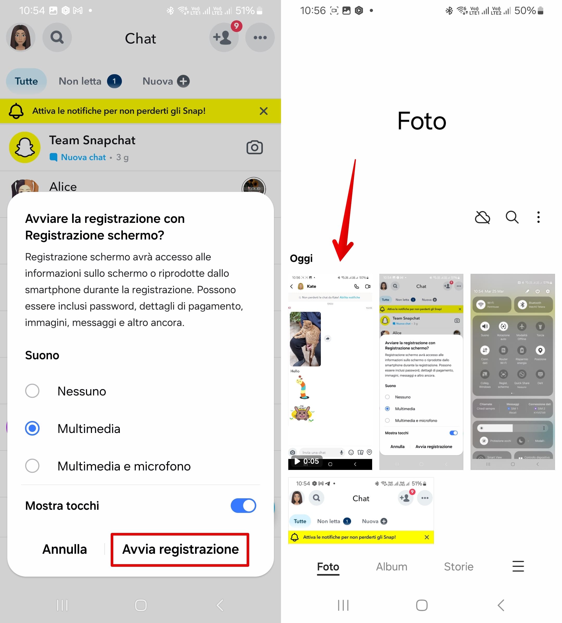 I passaggi per attivare la registrazione dello schermo su Snapchat e come visualizzarla nella galleria.