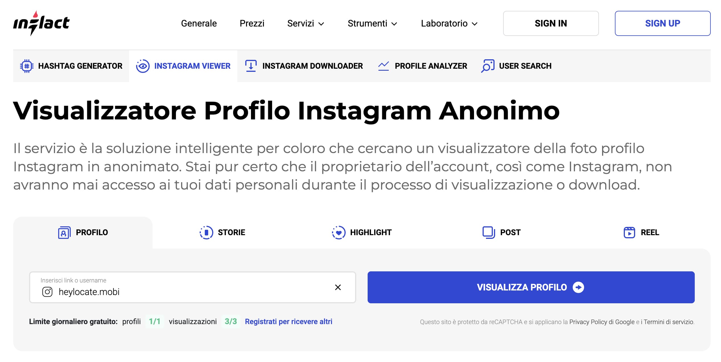 Inserisci il nome utente di Instagram nel motore di ricerca Inflact.