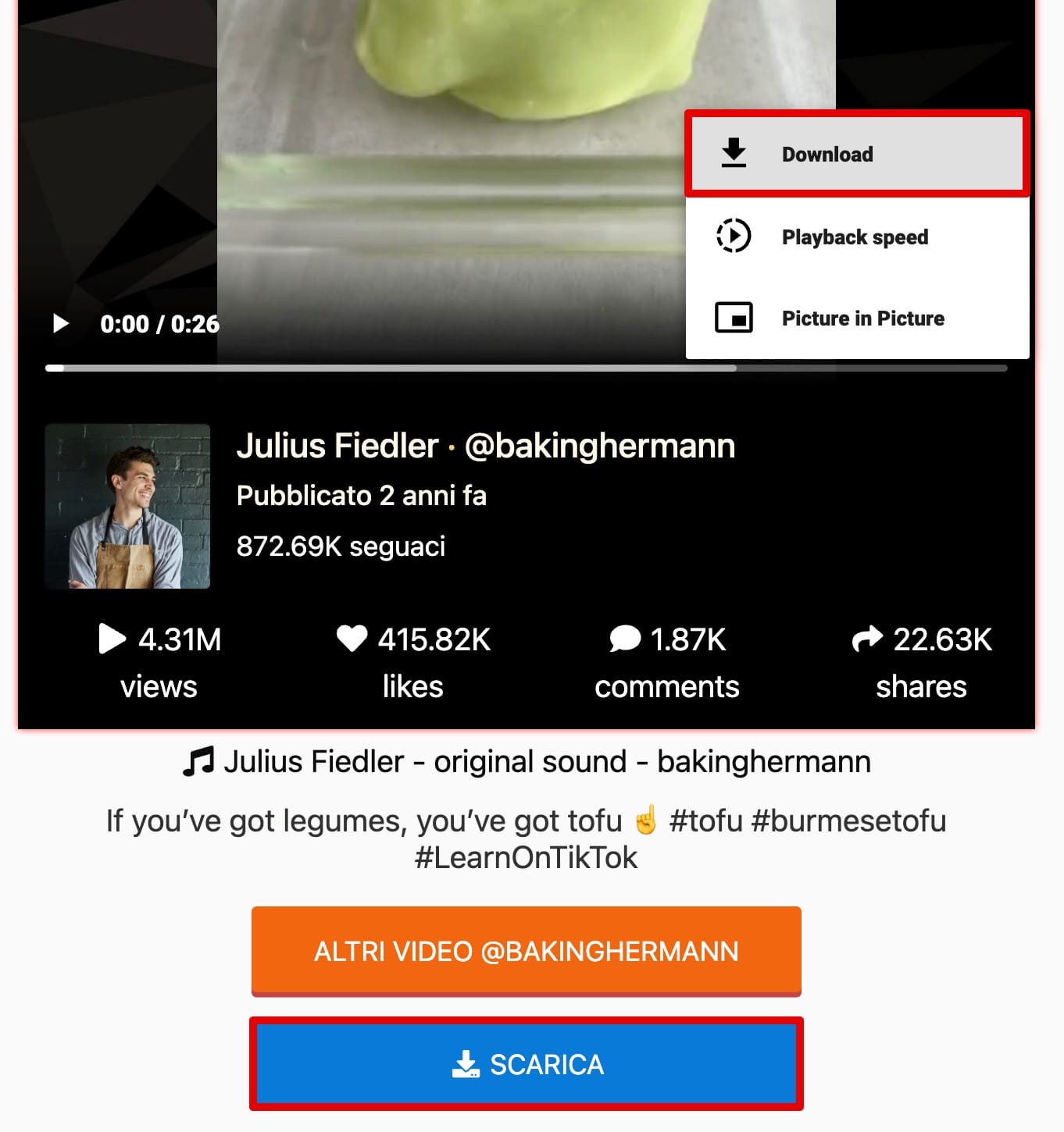 Fai clic sui tre puntini per scaricare un video TikTok su UrleBird o fai clic sul pulsante Download in basso.