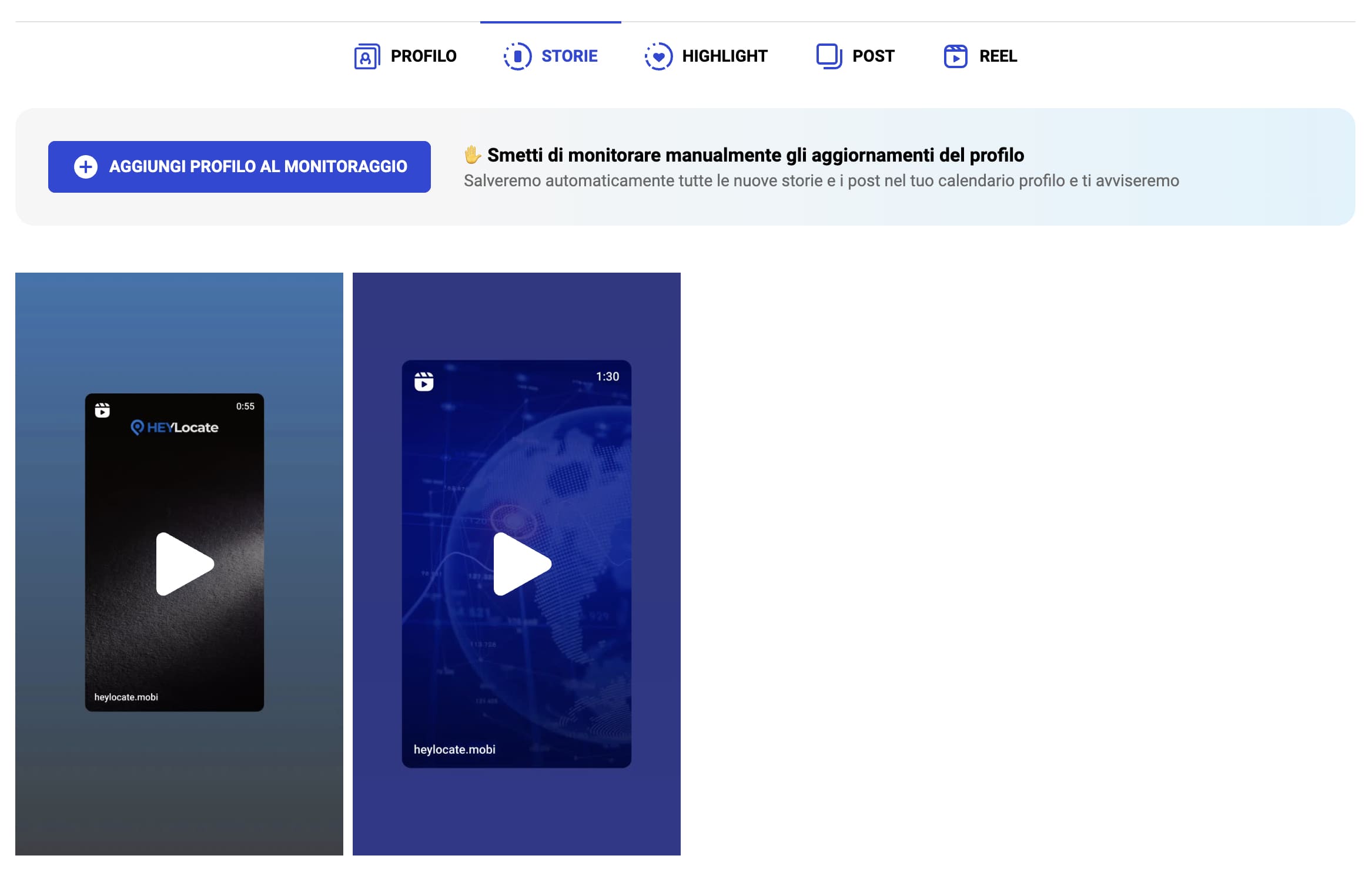 Una pagina che mostra le storie di Instagram dell'account di una persona cercata.