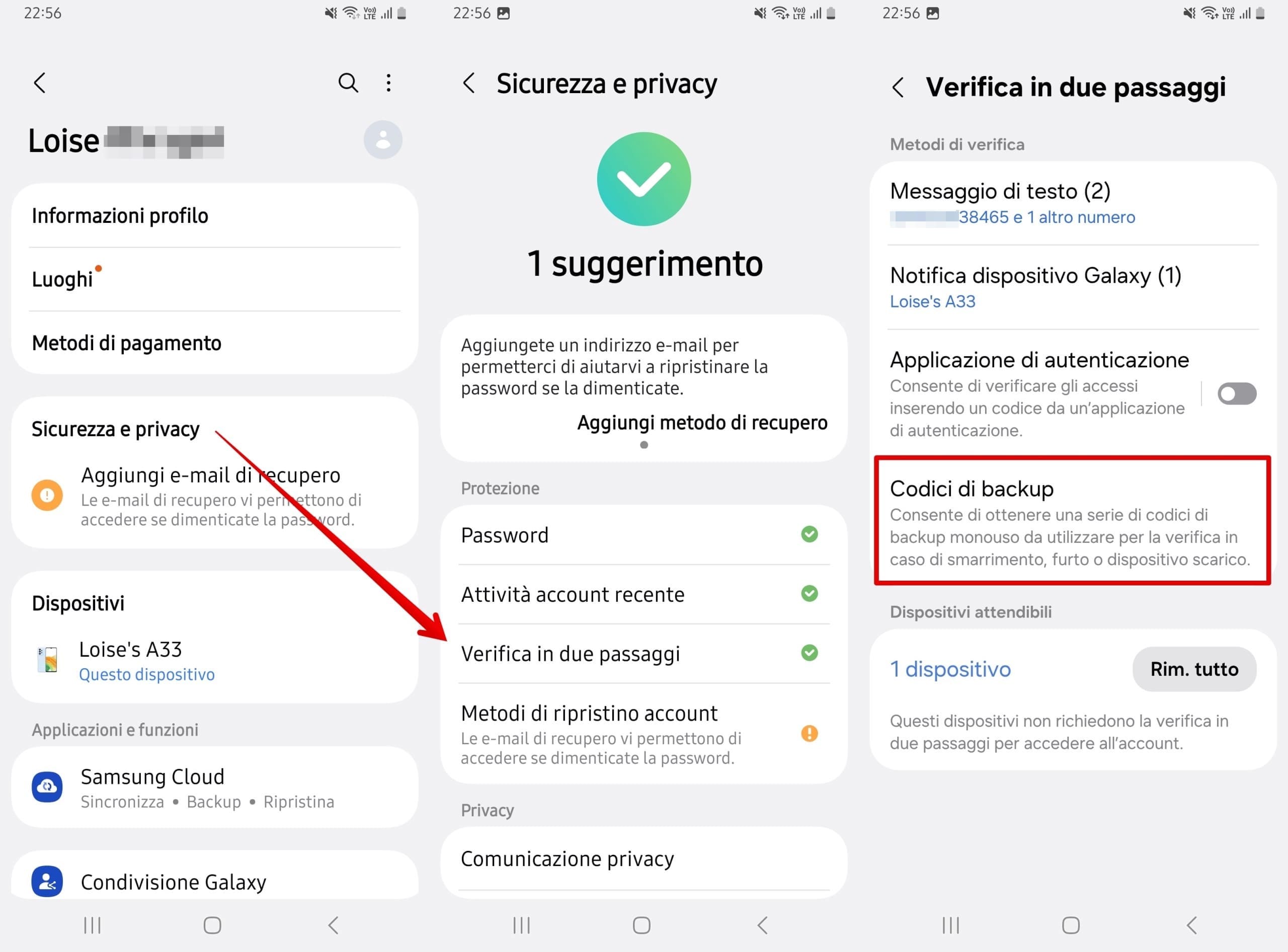 Apri Sicurezza e Privacy - Verifica in due passaggi - Codici di backup.