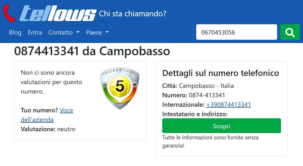Il risultato della ricerca ti mostra la posizione del numero di telefono.