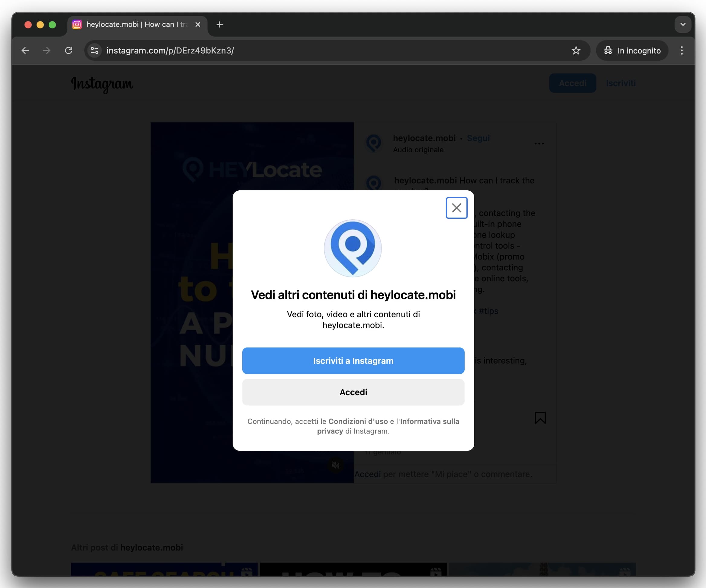 Fai clic sulla X nella casella di richiesta per aprire un account Instagram.