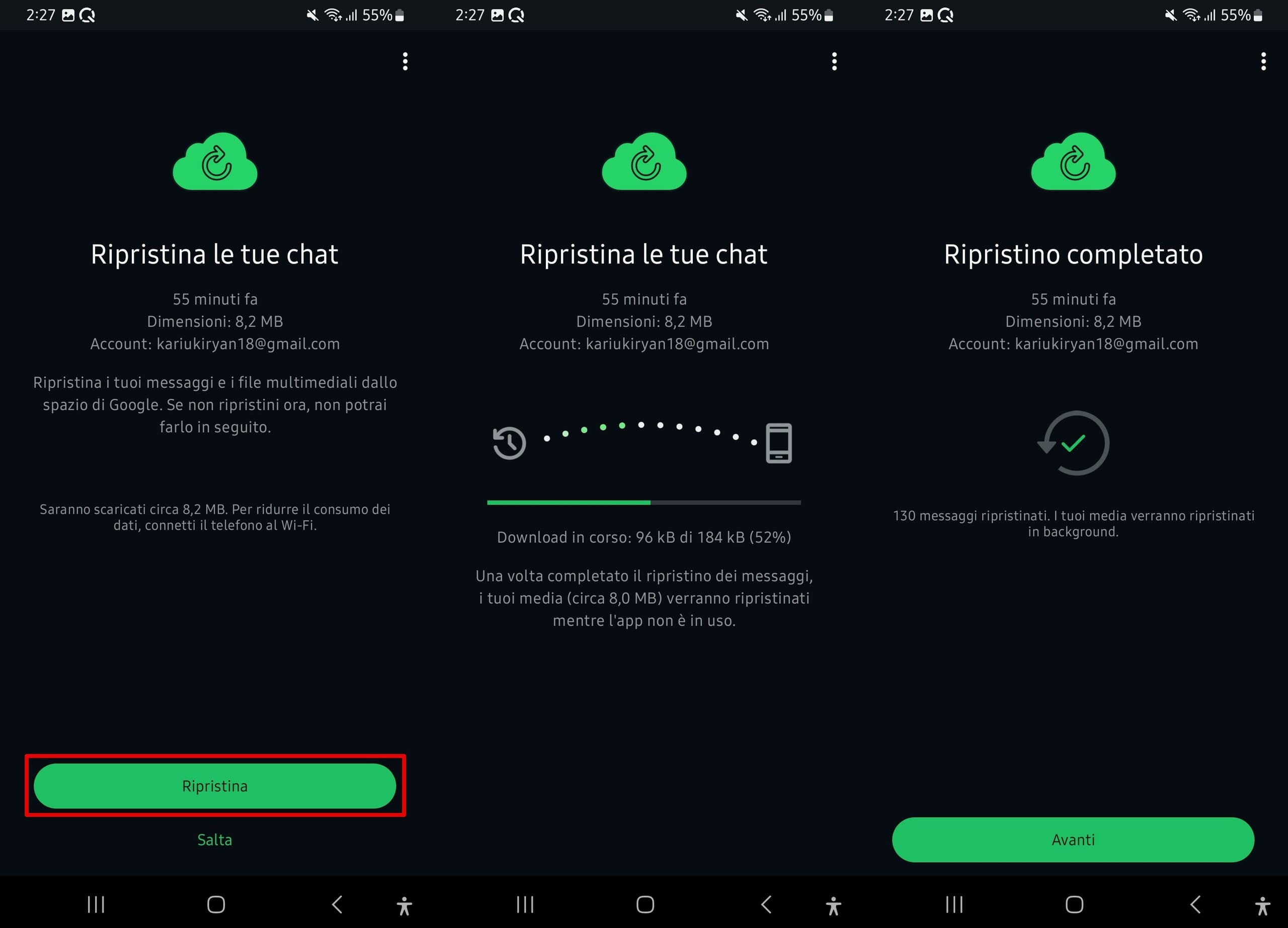 WhatsApp ripristina le chat di WhatsApp dalla schermata di ripristino alle schermate di preparazione e "Ripristino completato".