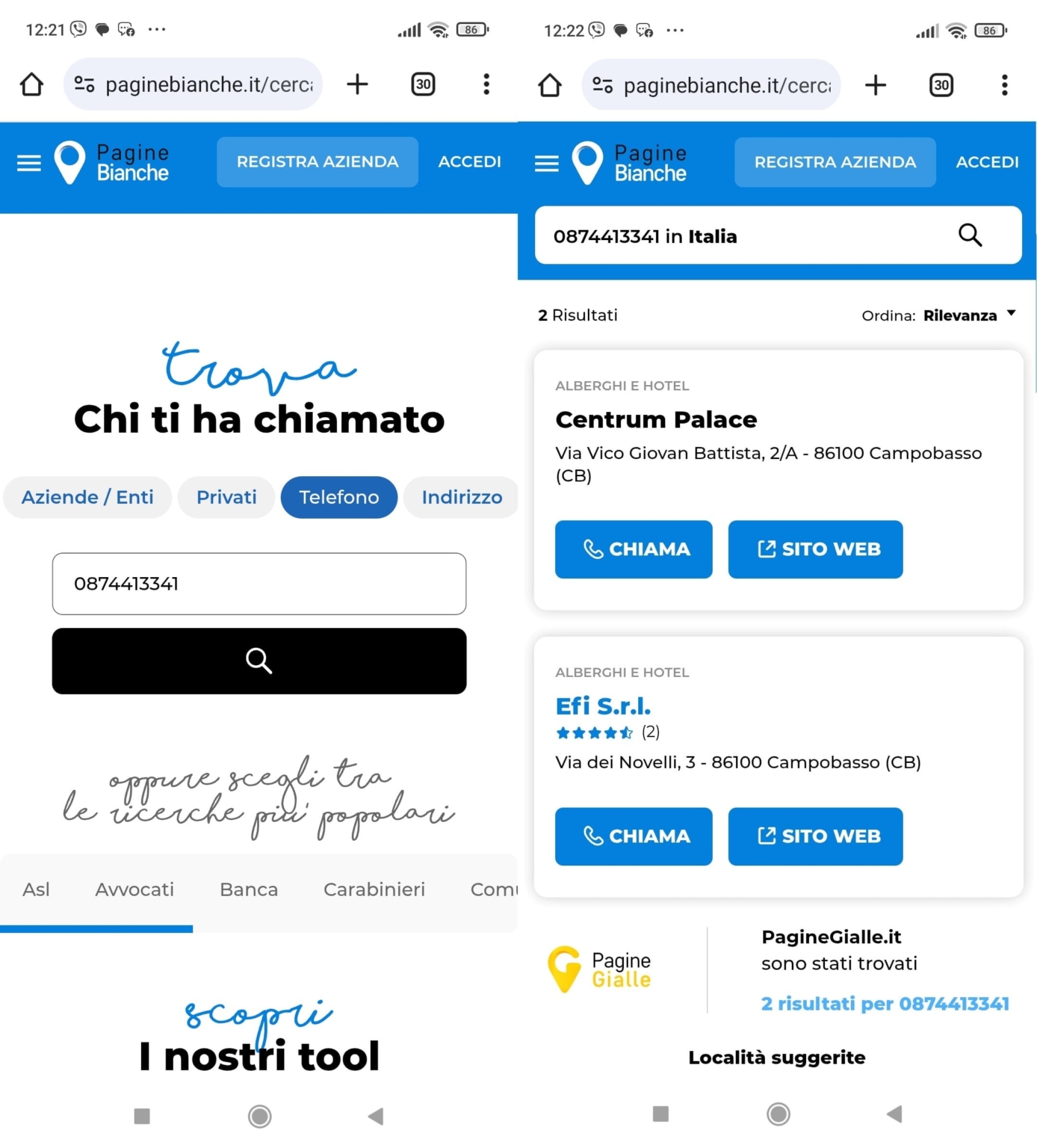 ricerca numero telefonico per indirizzo