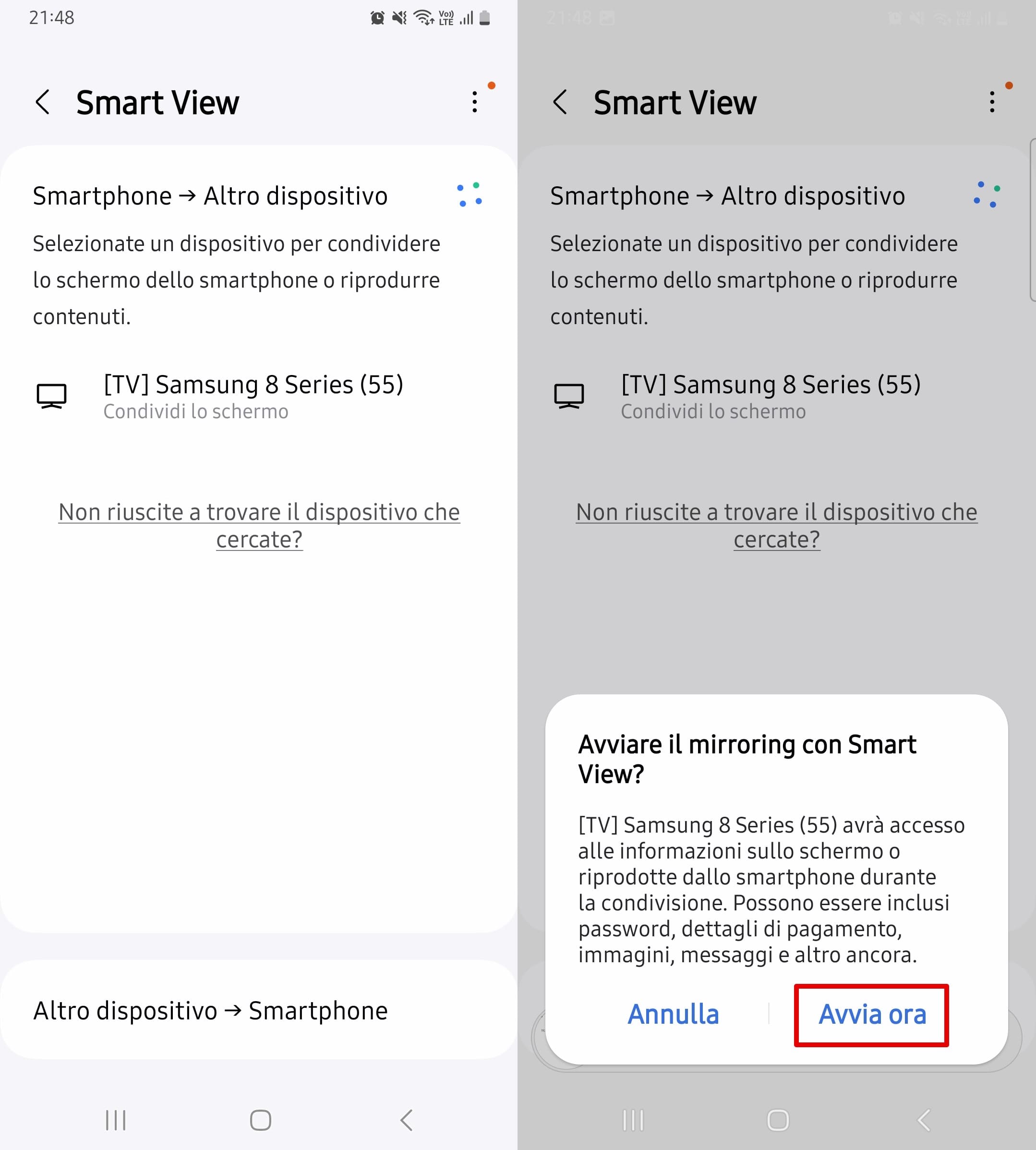 Fai clic sul dispositivo per il mirroring e su Avvia ora per iniziare il mirroring sulla TV.
