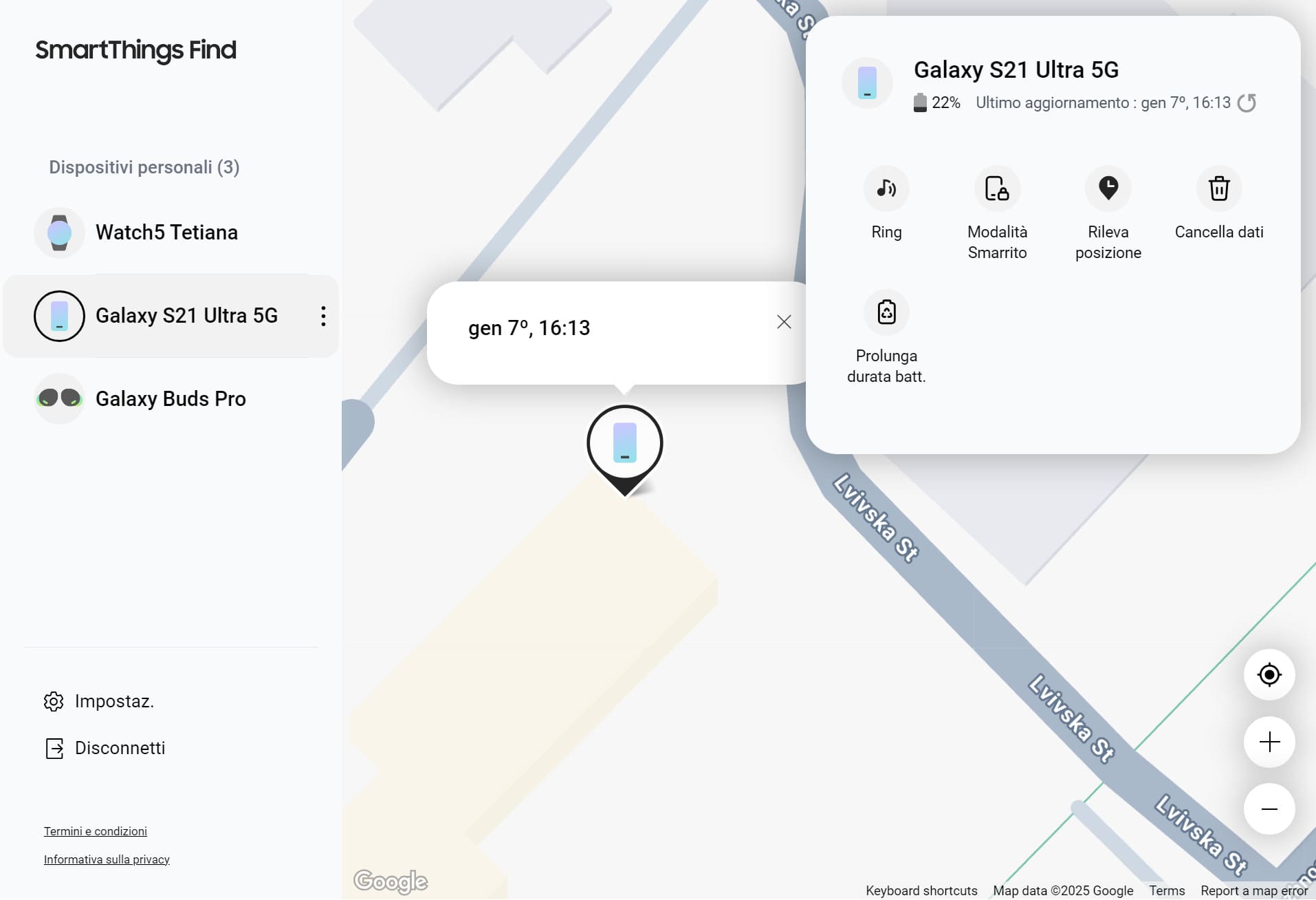 Su questa pagina puoi vedere tutti i dispositivi Samsung e le azioni che puoi eseguire: Suoneria, Modalità smarrito, Tracciamento della posizione, Cancella dati, Estensione della durata della batteria.