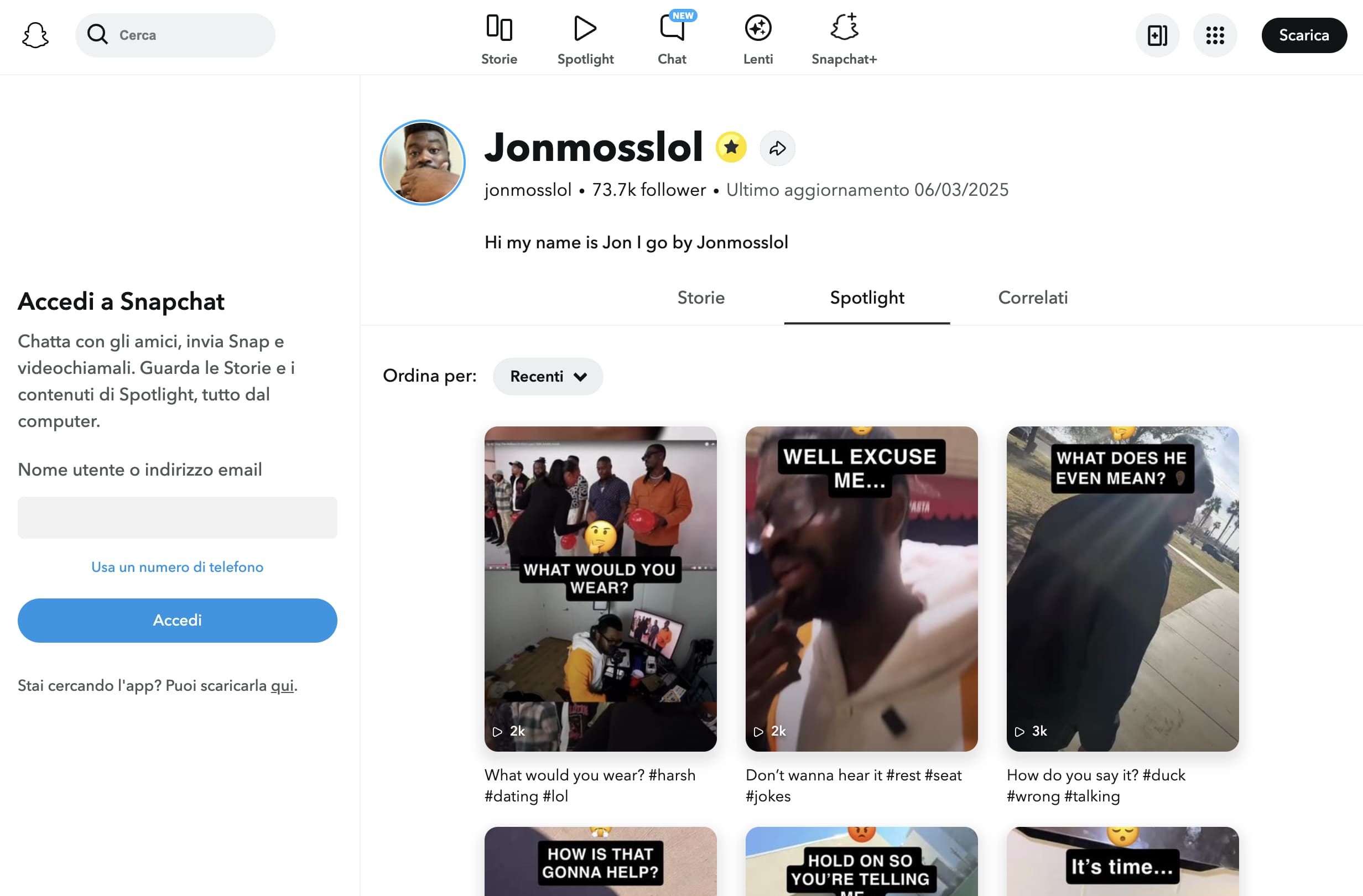 Le miniature delle storie di un account pubblico di Snapchat Web.