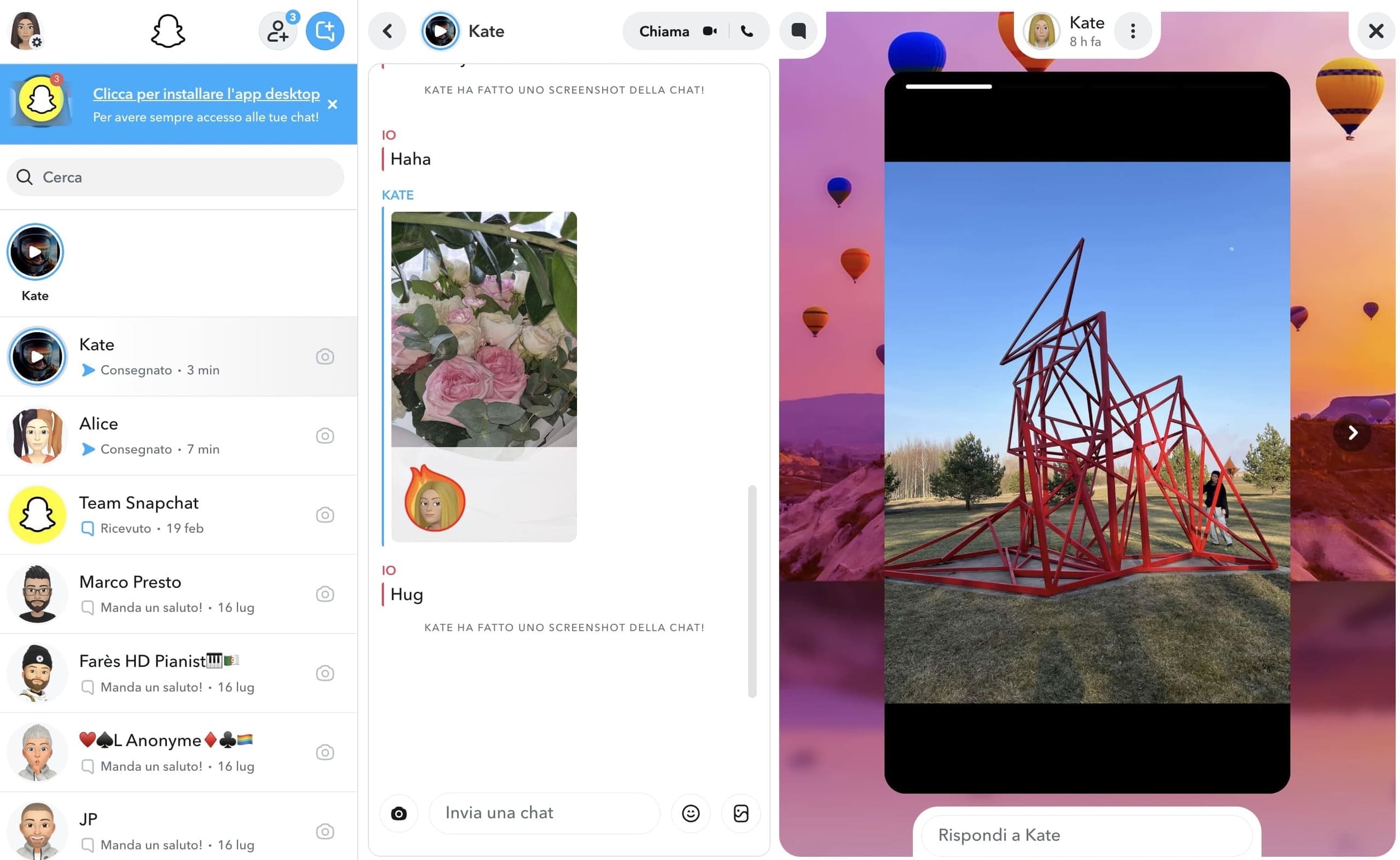 Lo scatto di uno screenshot sul sito web di Snapchat tramite un programma per screenshot.