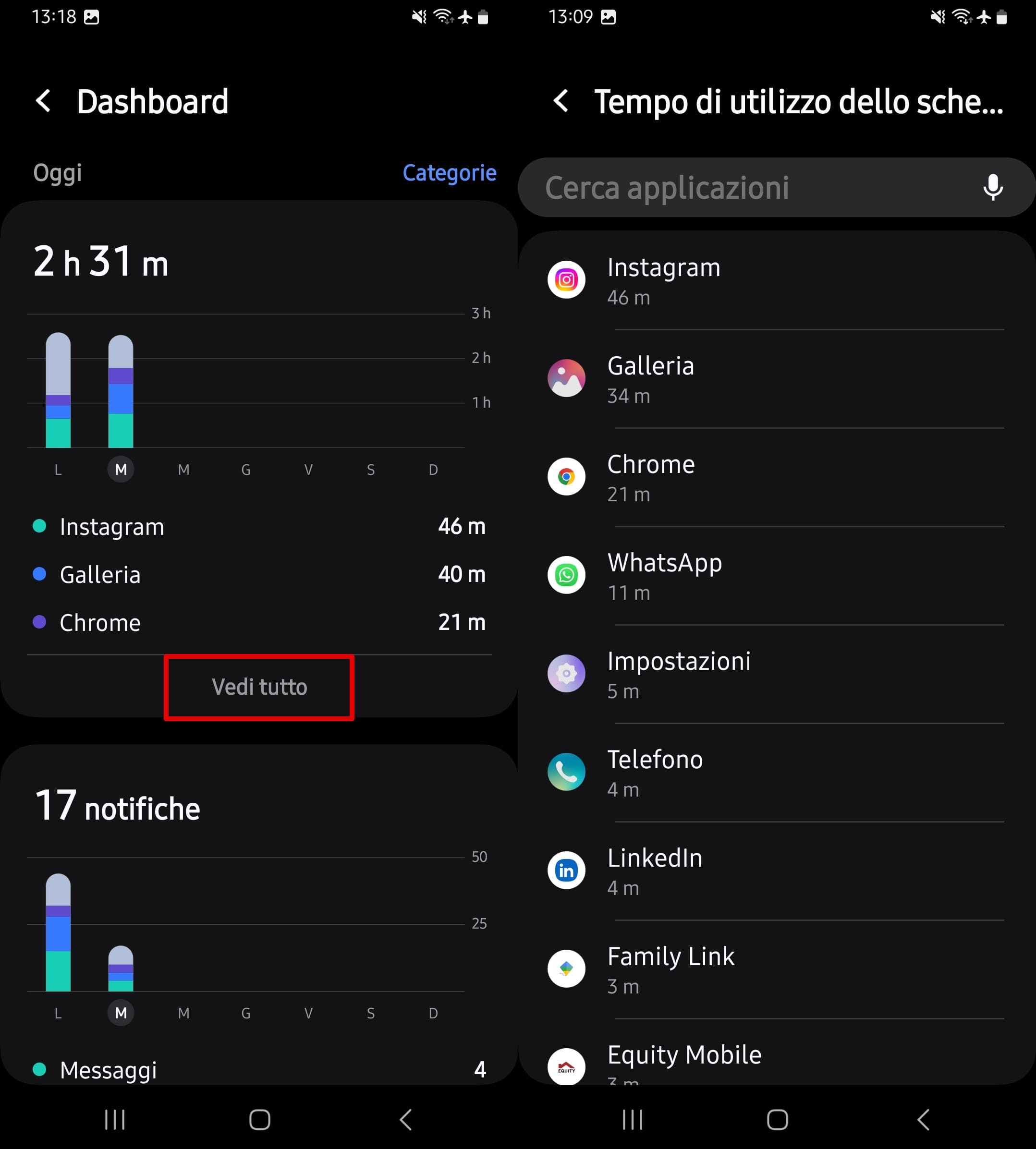 Visualizza il tempo di utilizzo totale per le app e visualizza tutto per app specifiche.