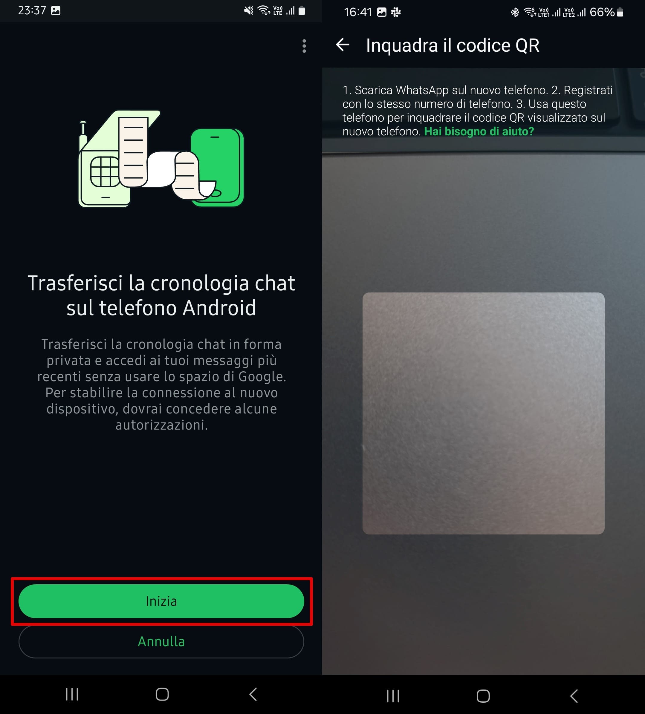 Tocca Inizia, scansiona il codice QR sul nuovo telefono per avviare il trasferimento della cronologia chat di WhatsApp.