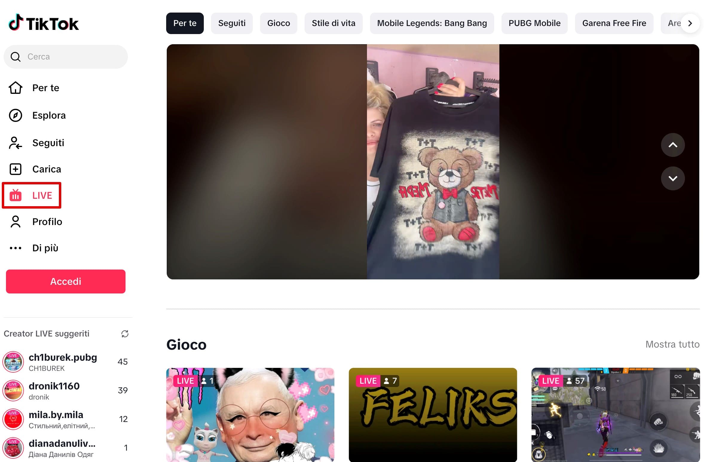 Clicca su Live per iniziare a guardare le trasmissioni live in streaming senza un account TikTok.