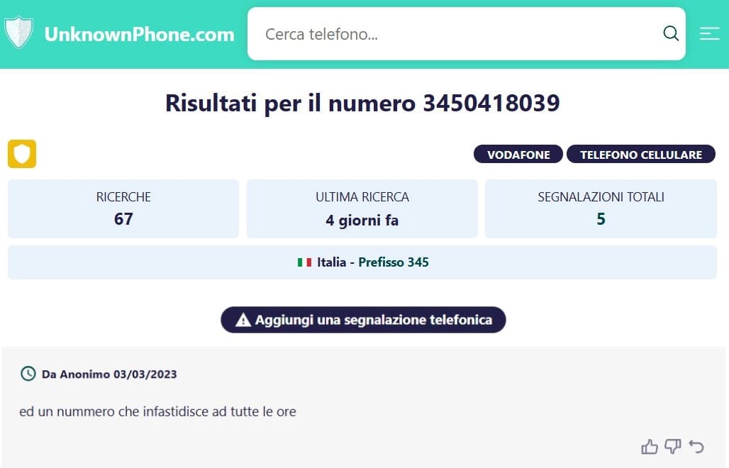 I risultati mostrano le informazioni sul numero e i feedback degli utenti.