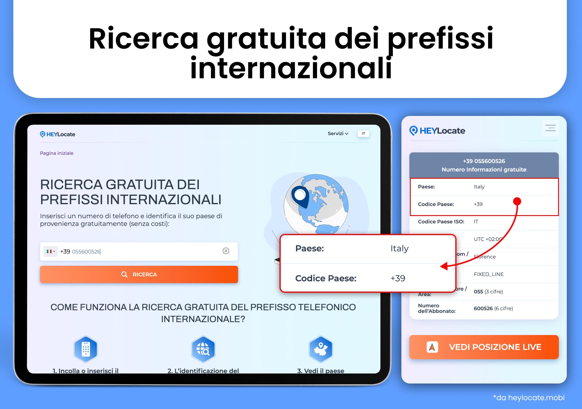 Campo di immissione del numero di telefono per la ricerca, accanto ai risultati con enfasi sulle informazioni del paese e sul prefisso nazionale.