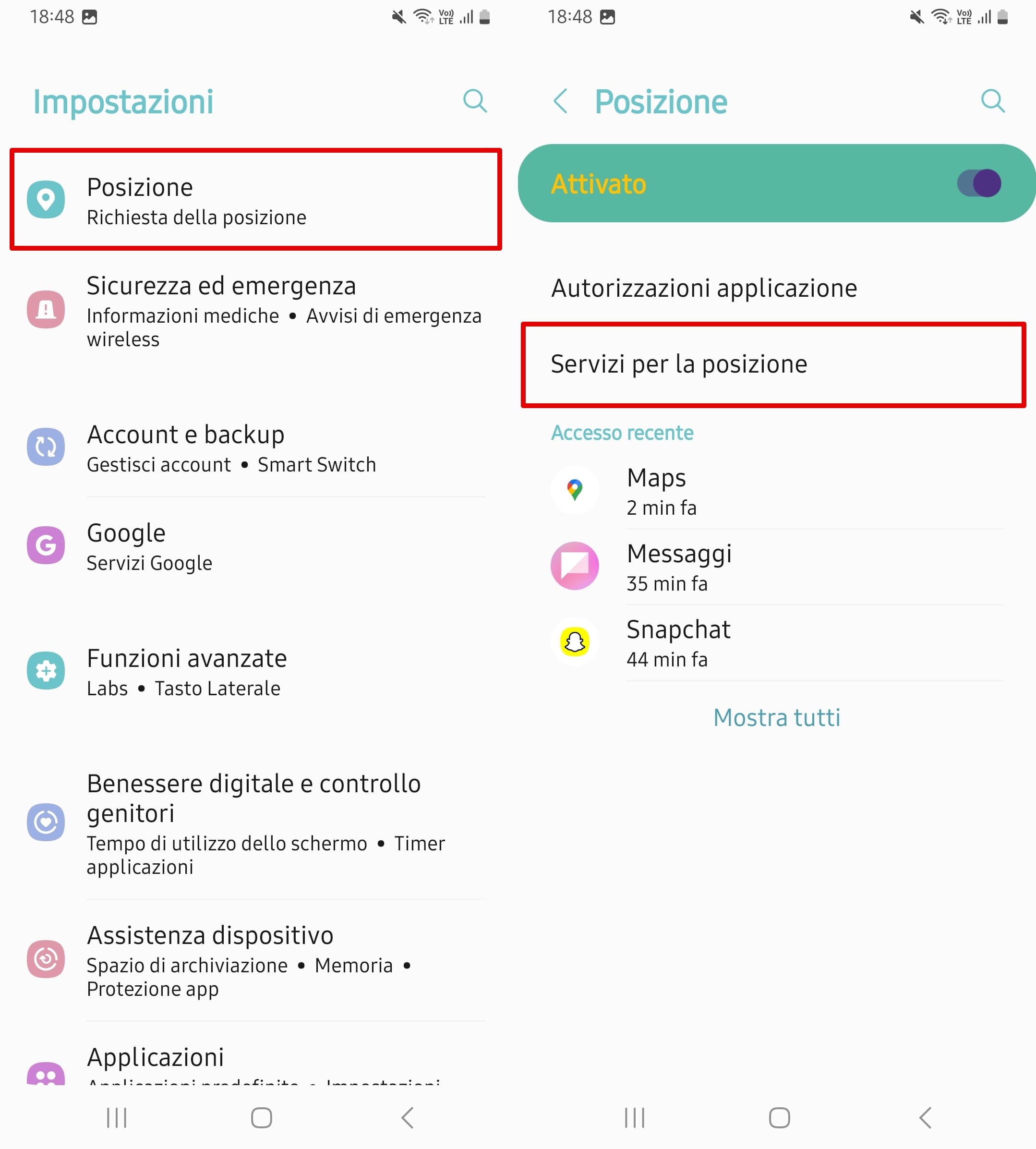 Le impostazioni per accedere ai servizi di localizzazione su un telefono Android.