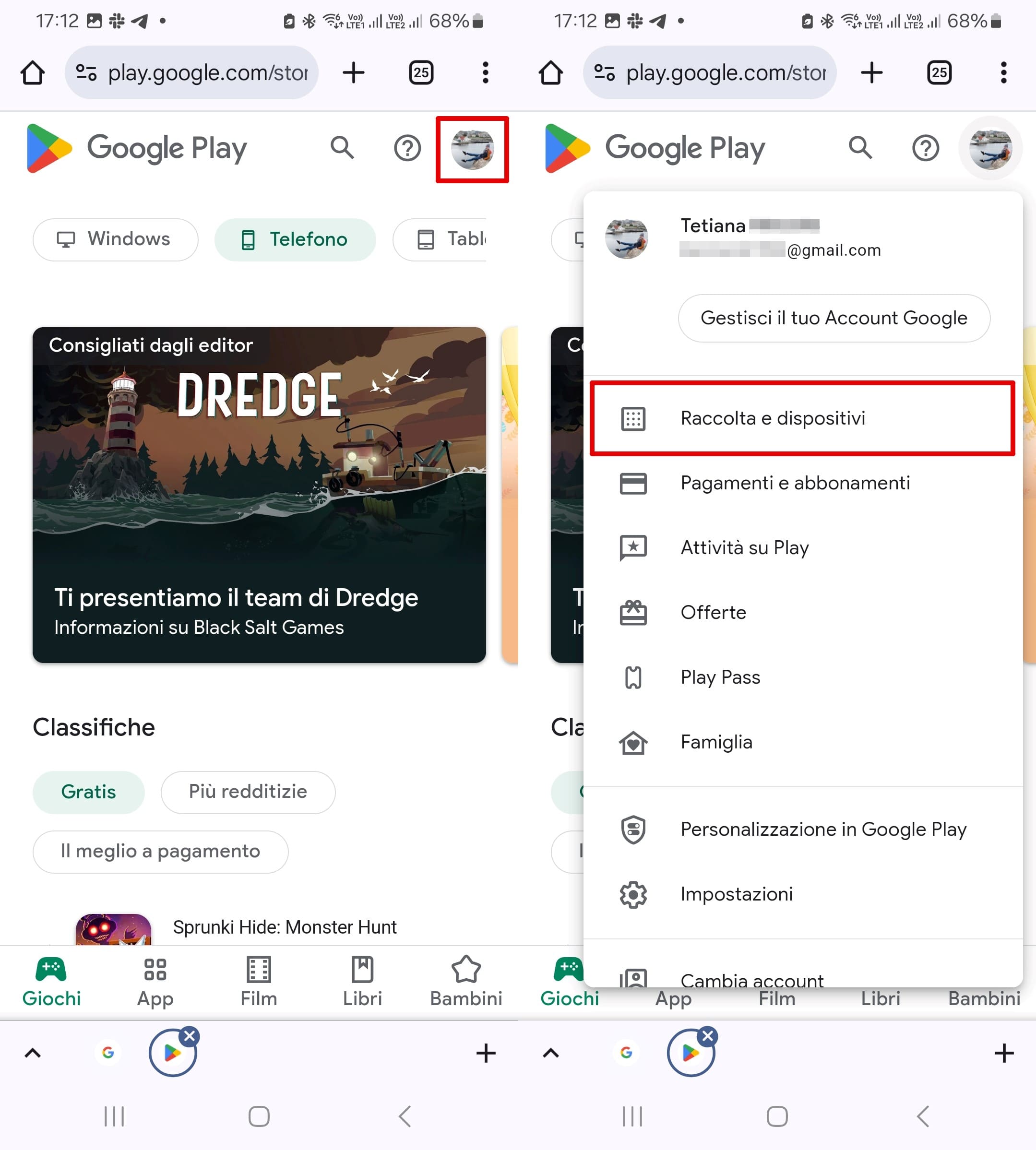 Apri Google Play su un browser, clicca sull'icona del profilo.