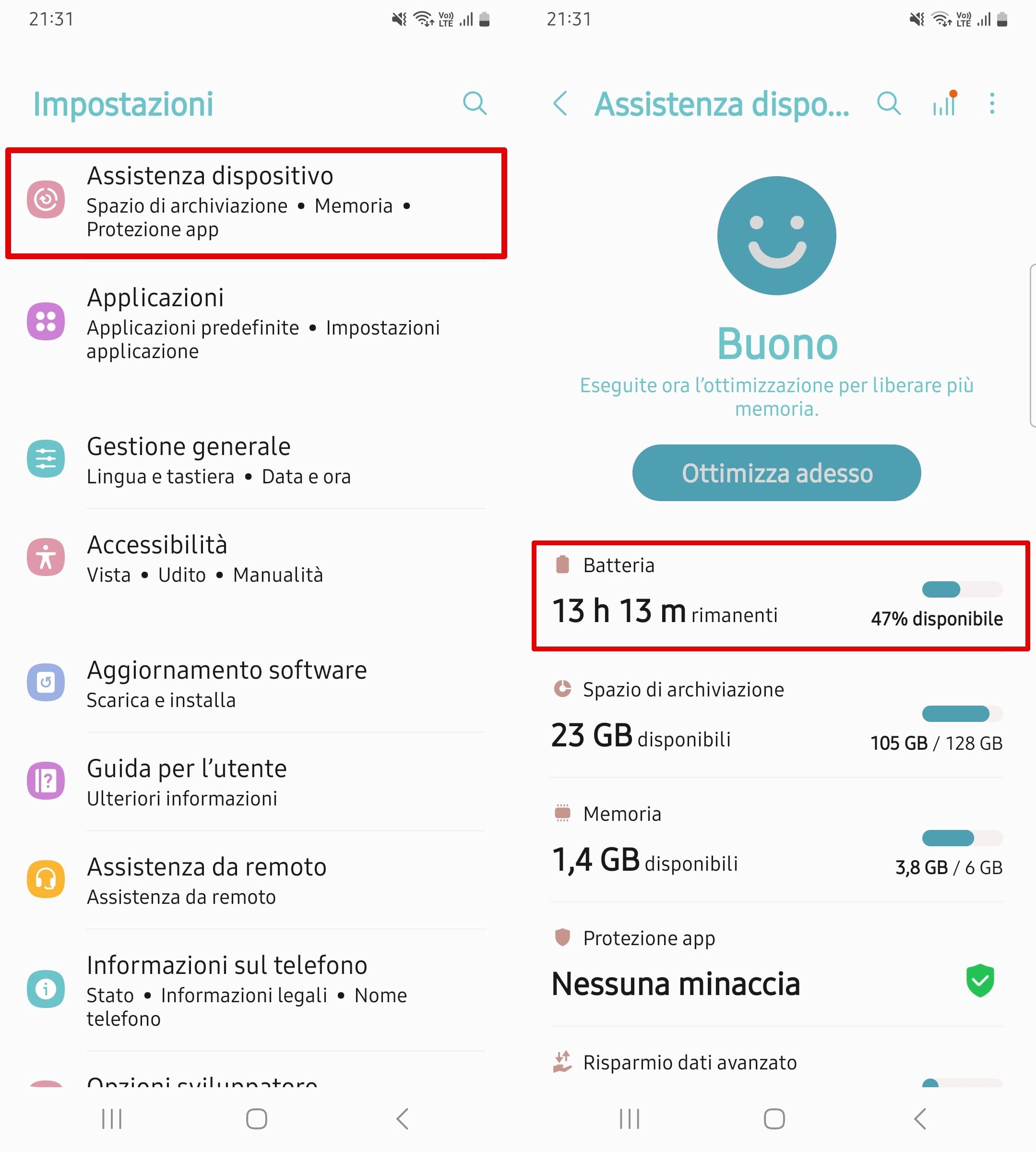 Apri le impostazioni di Assistenza Dispositivo per accedere all'utilizzo della batteria.