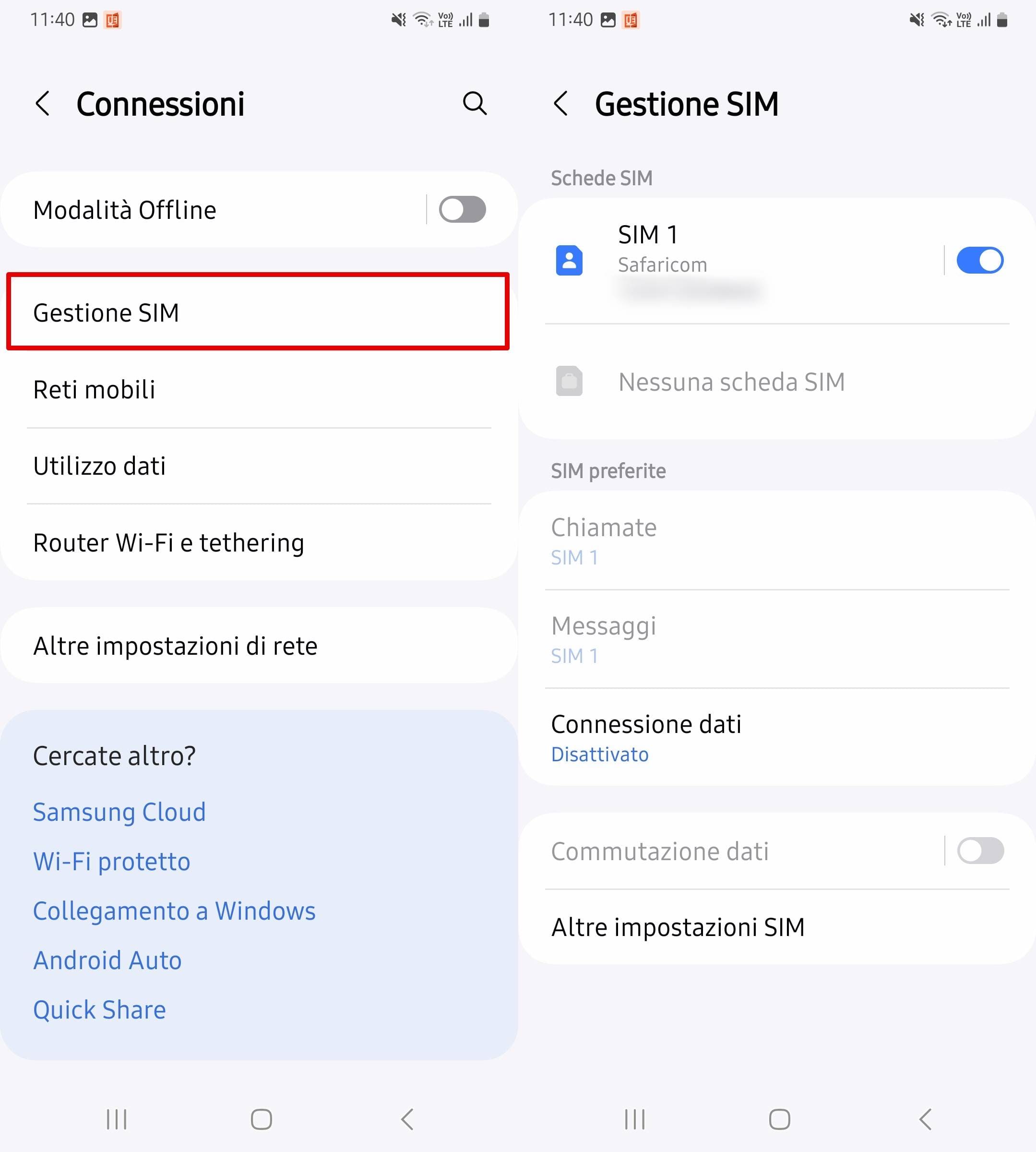 Apri Connessioni, Gestione SIM per visualizzare il nome della rete della scheda SIM.