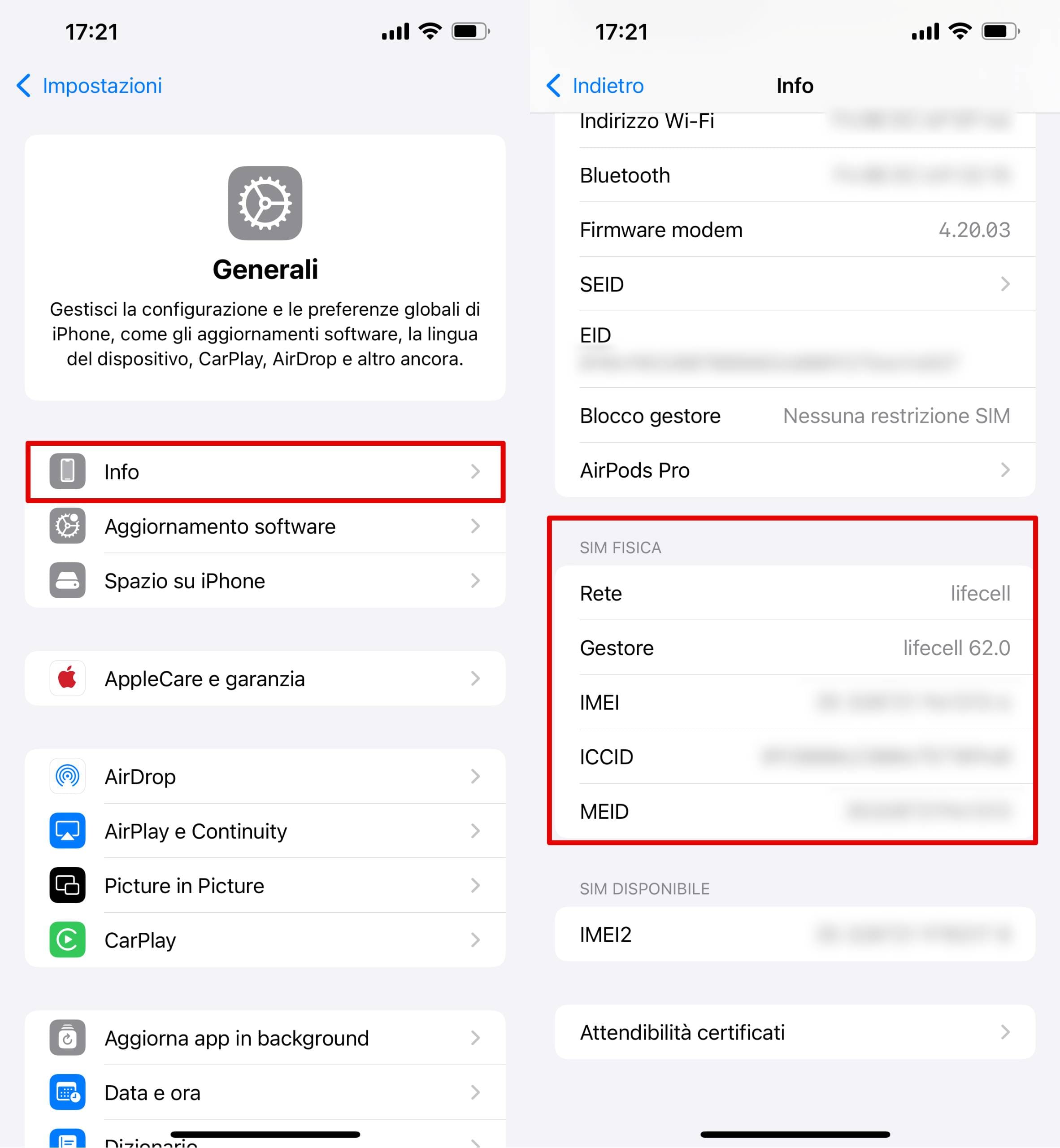 Vai alle impostazioni generali dell'iPhone - Info - blocco SIM FISICA.