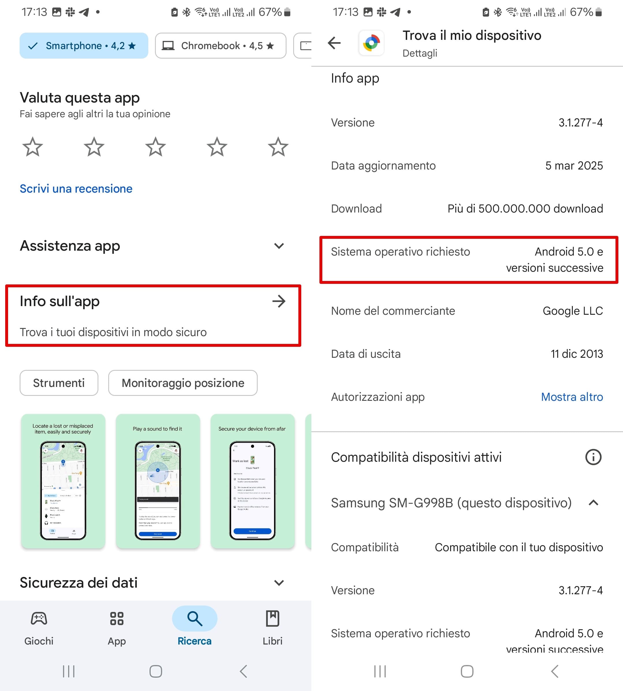 Nella scheda Informazioni, puoi vedere i requisiti minimi del sistema operativo che supportano l'applicazione.