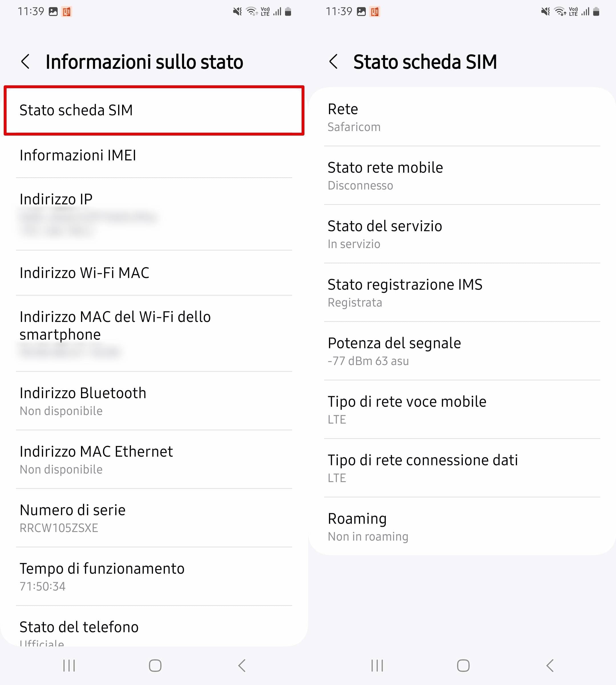 Fai clic su Stato scheda SIM per visualizzare il nome della rete nella sezione pertinente.
