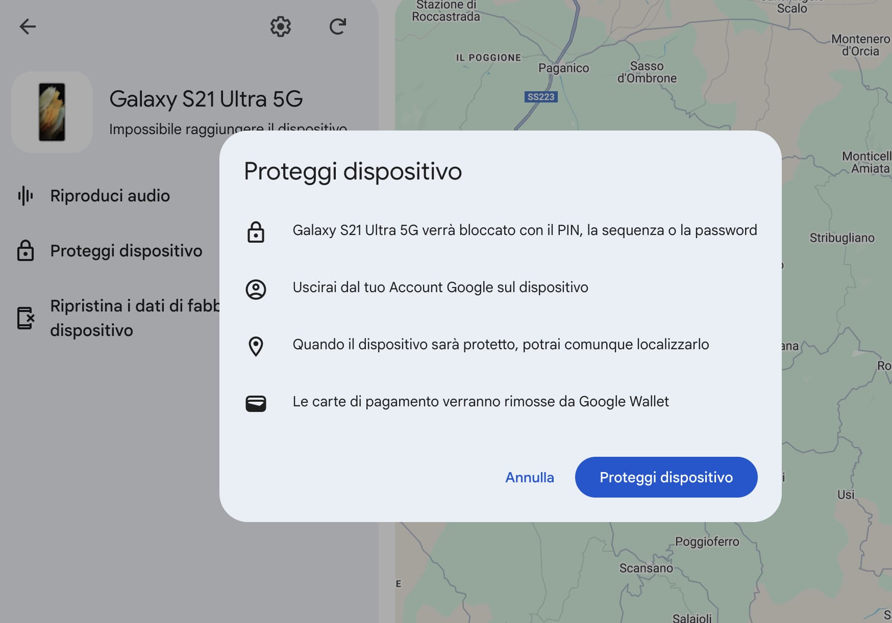Fai clic su Proteggi dispositivo per bloccare un Android smarrito.