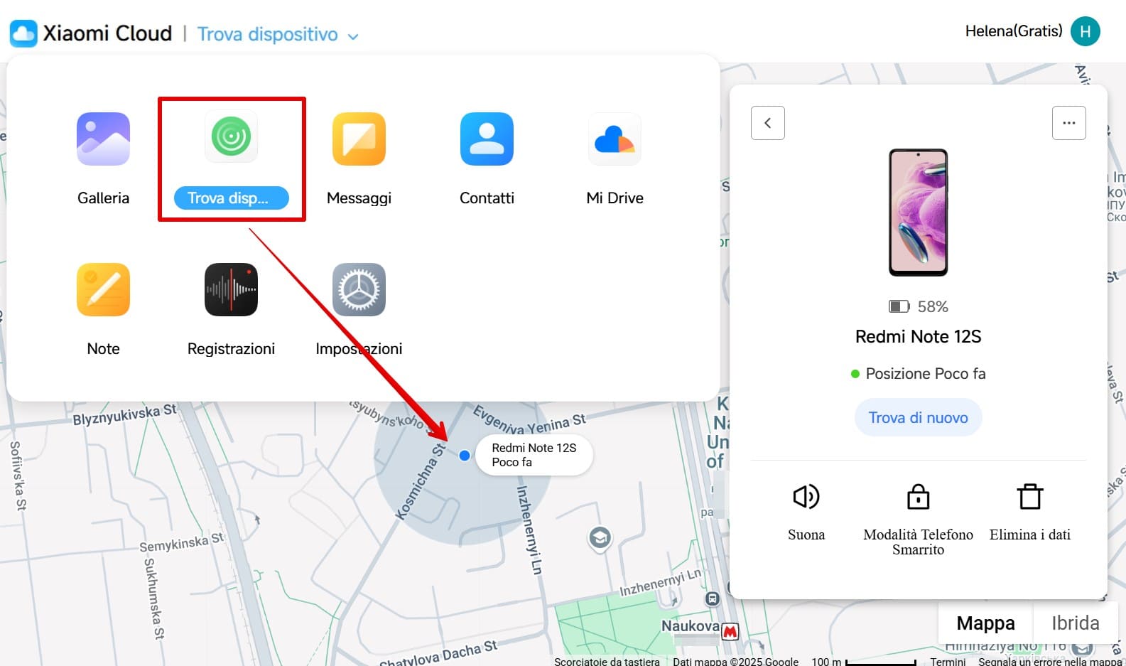 Un'immagine di Mi Find Device che mostra la posizione di un telefono Redmi smarrito