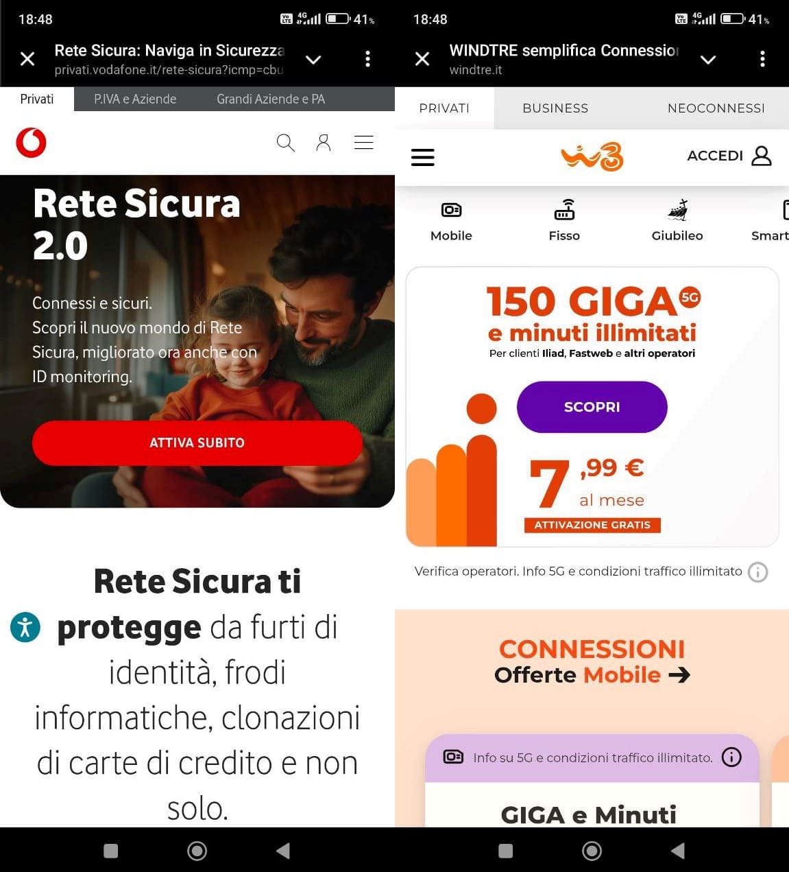 Home page del sito web di Vodafone e WindTre