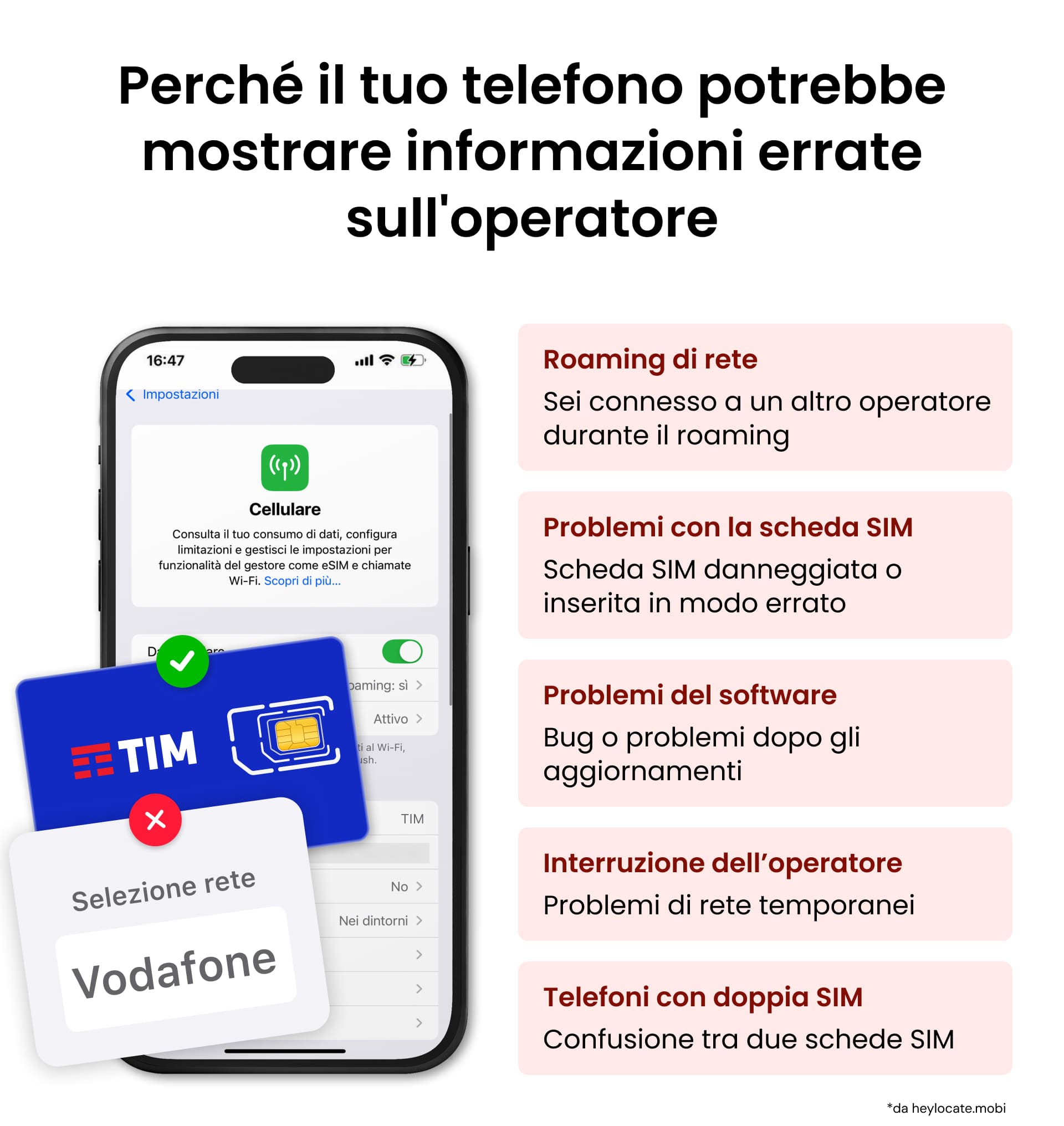 Infografica che mostra cinque motivi per cui un telefono potrebbe mostrare informazioni errate sull'operatore: roaming di rete, problemi con la scheda SIM, problemi software, interruzioni dell'operatore e confusione sulla doppia SIM.