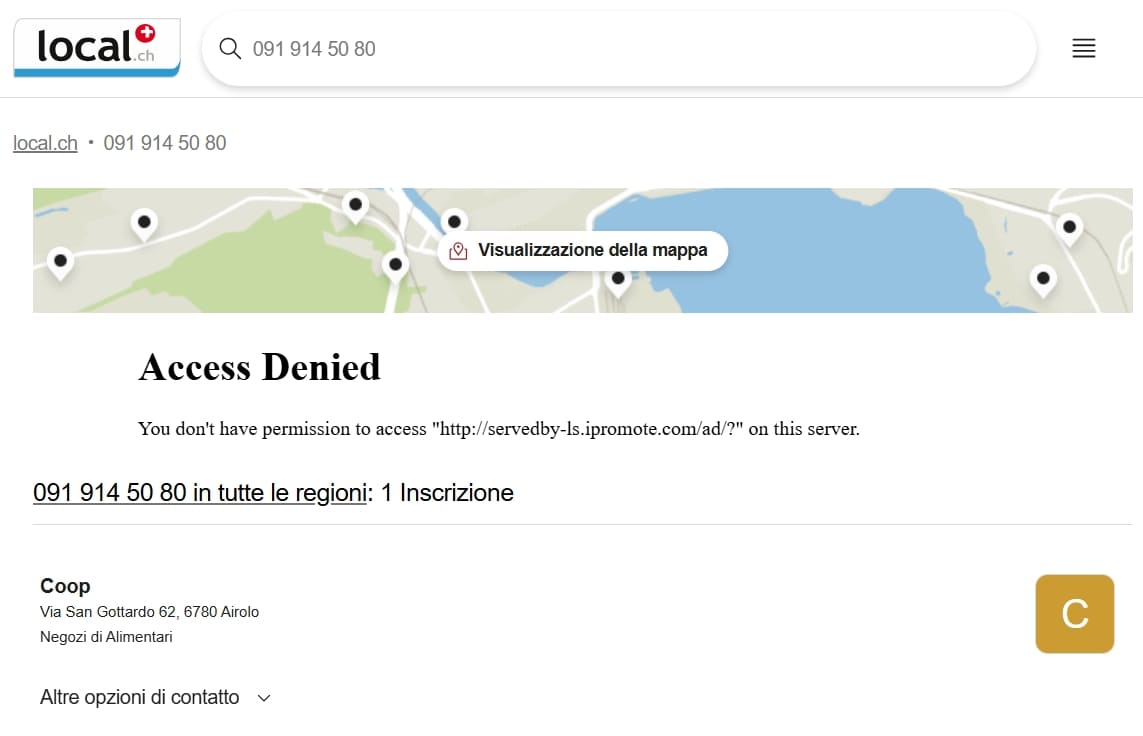 Risultato della ricerca di un numero di telefono su Local.ch