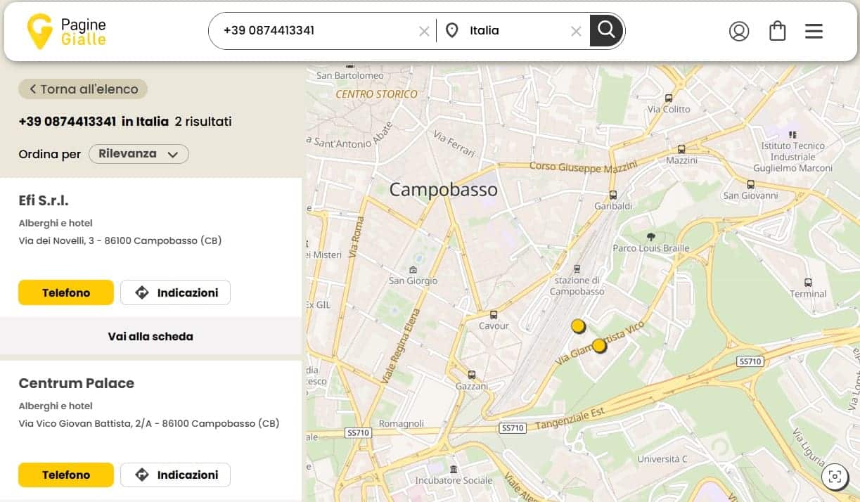 Digita il numero di telefono nel campo di ricerca di Pagine Gialle e controlla i risultati: nome dell’azienda, indirizzo, orari di apertura e posizione sulla mappa.