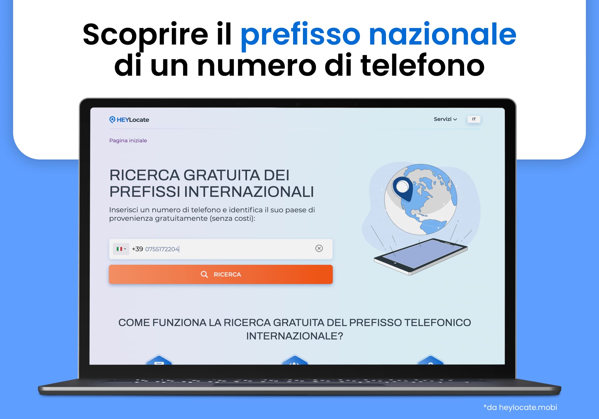 Laptop con la homepage del servizio gratuito di ricerca prefisso nazionale tramite numero di telefono.