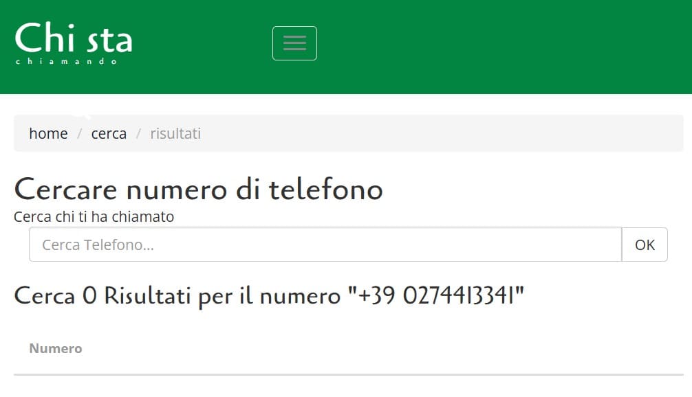 Dopo aver inserito un numero di telefono nel campo di ricerca, non ci sono informazioni disponibili su quel numero.
