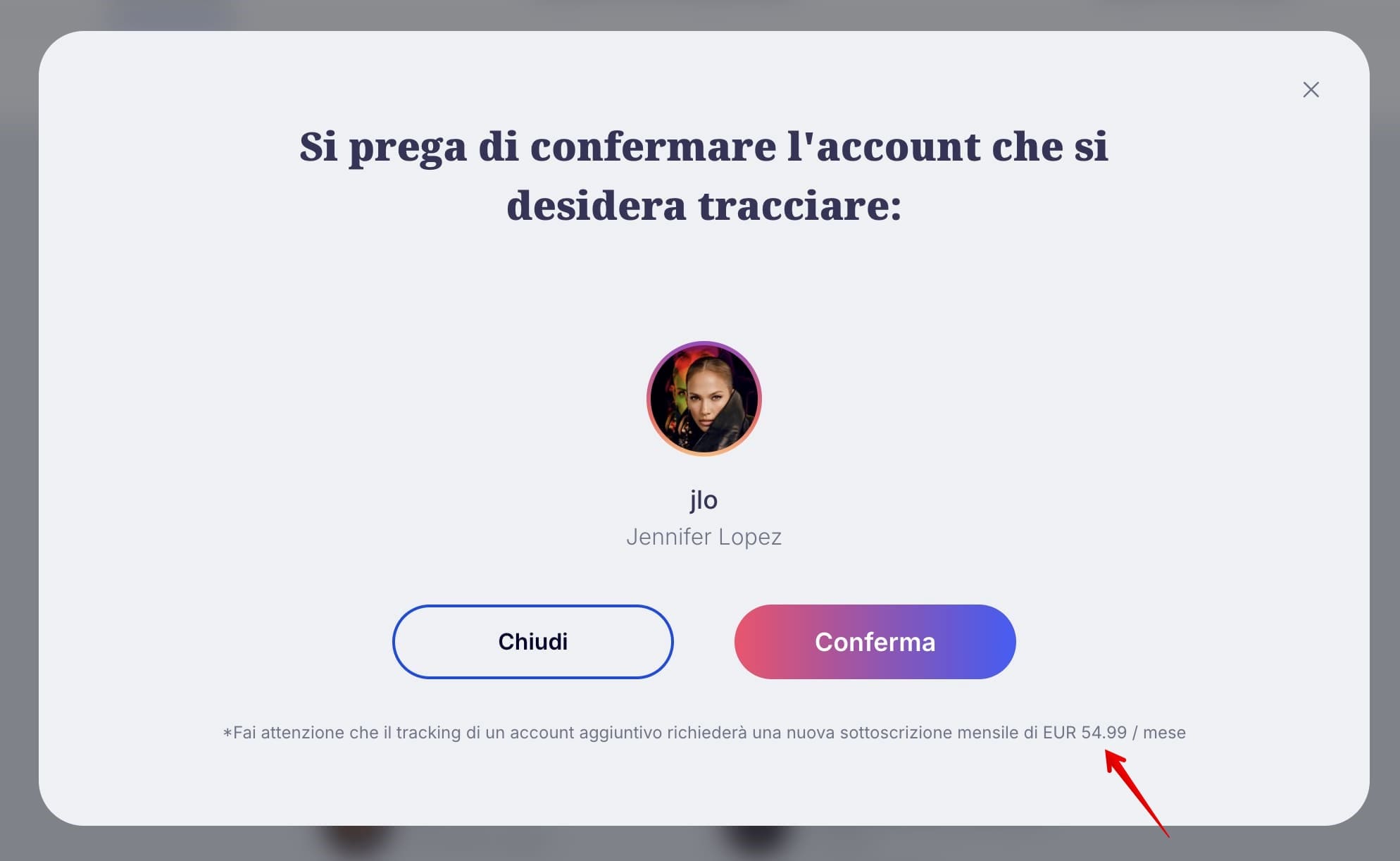 Schermata di conferma per il tracciamento di un account in Peekviewer con una nota che indica che questa azione richiede un canone mensile.