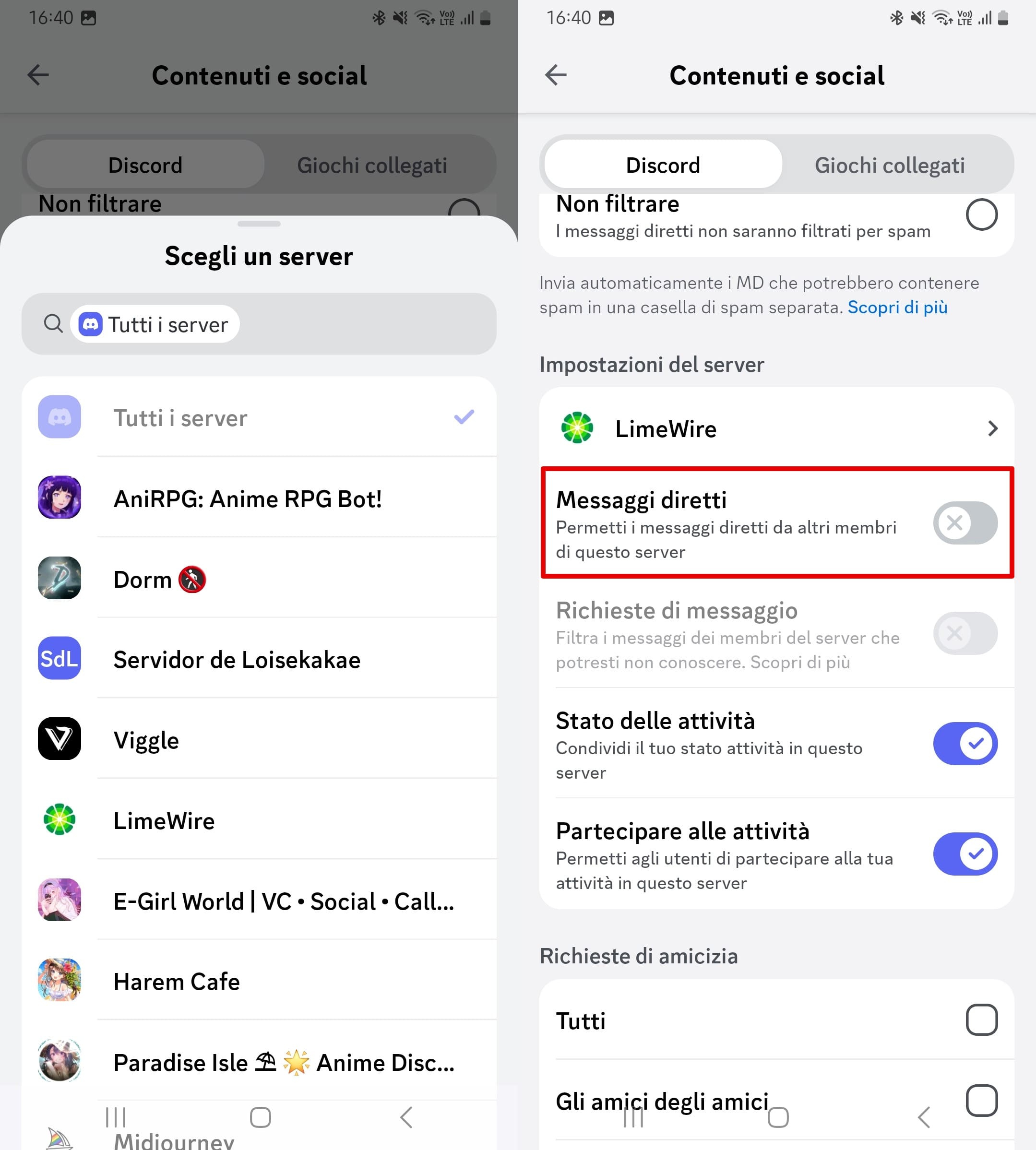 Scegli un server e disattiva i messaggi diretti da quel server.